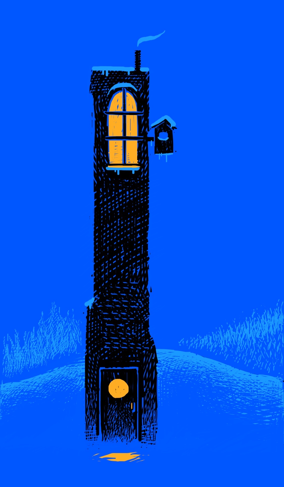 A tall, very narrow tower in the middle of a snowy field