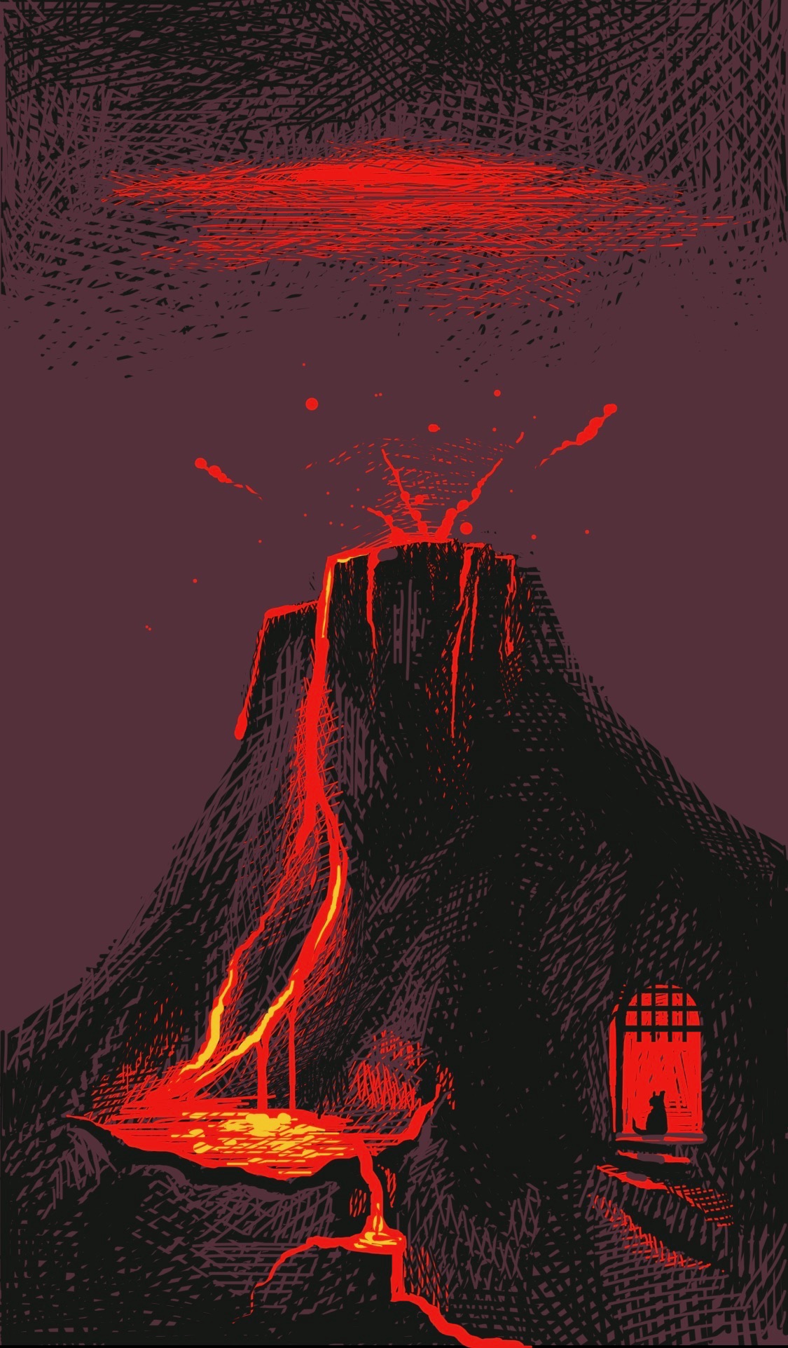 A volcano with a doorway in the rock, in which sits a cat