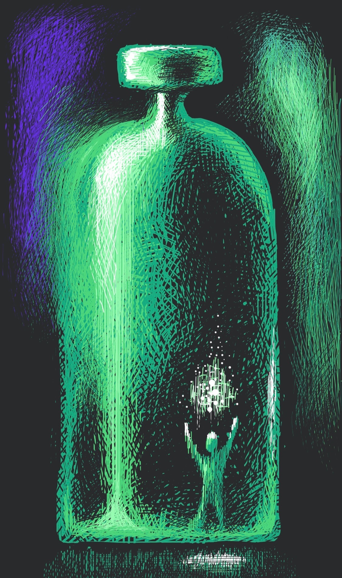 A glowing green bottle with someone standing inside, conjuring up a glowing cloud of sparkles