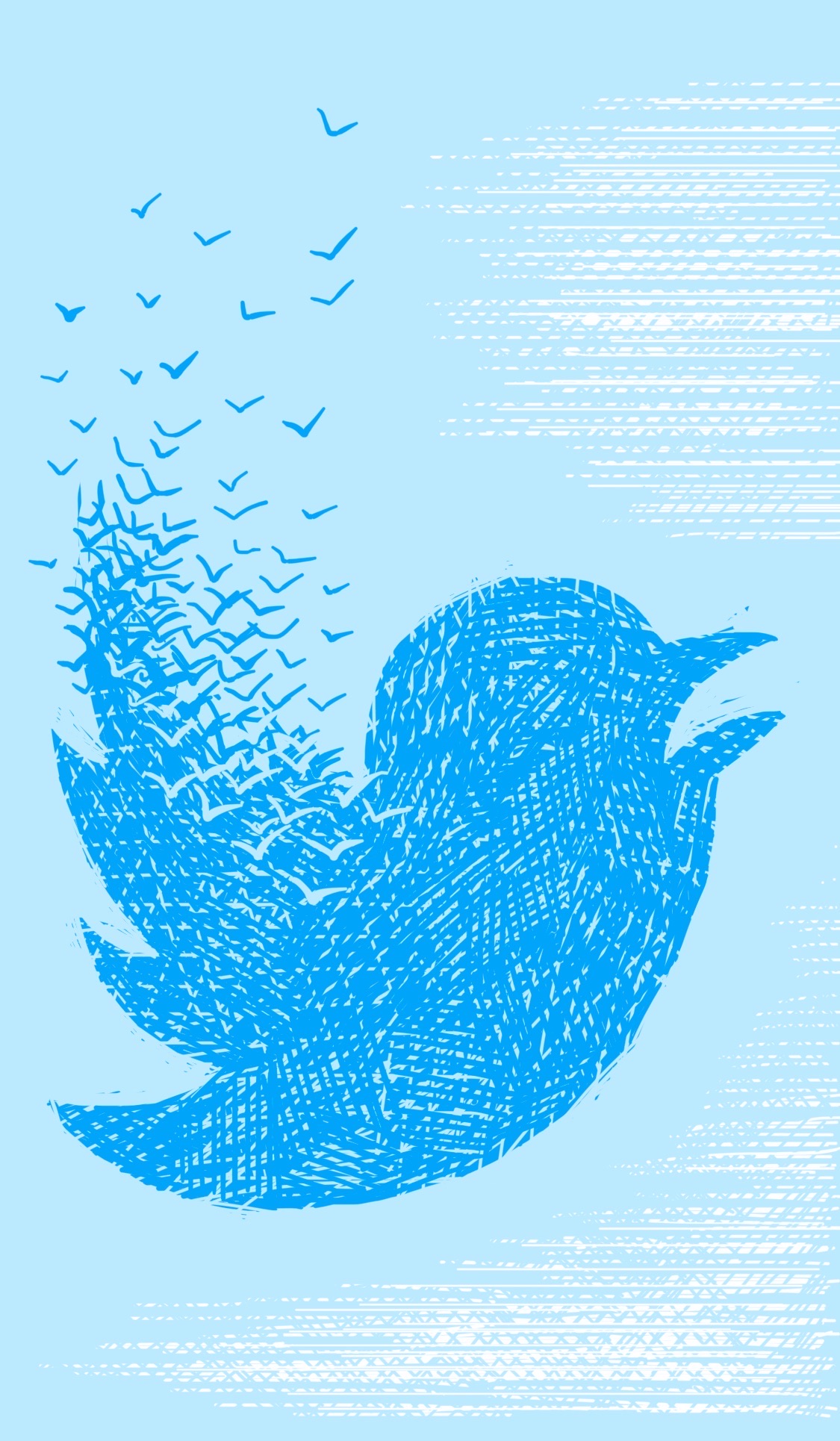 The Twitter logo, disintegrating into a flock of small birds fleeing the absolute circus that hellsite has become