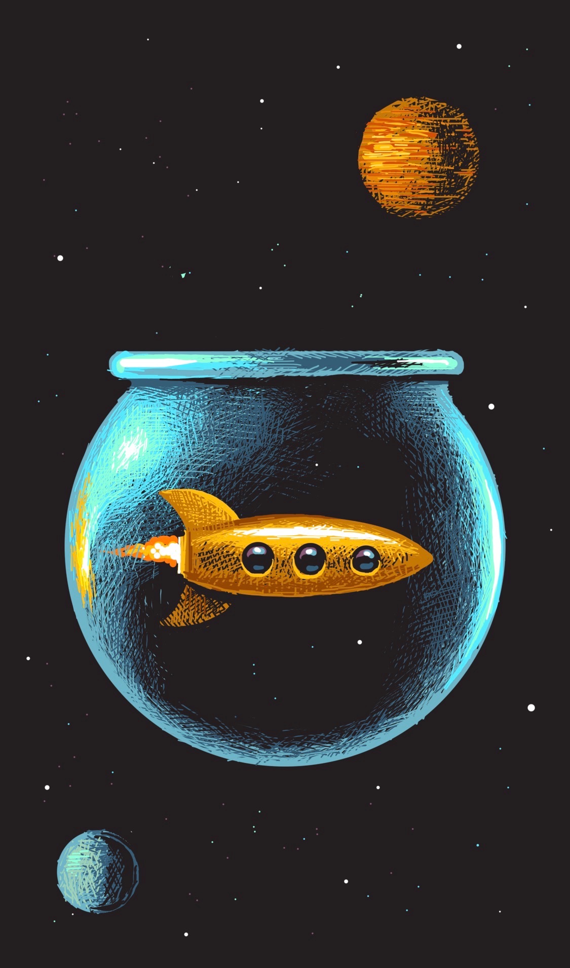 A fishbowl in space, with a golden rocket in the fishbowl