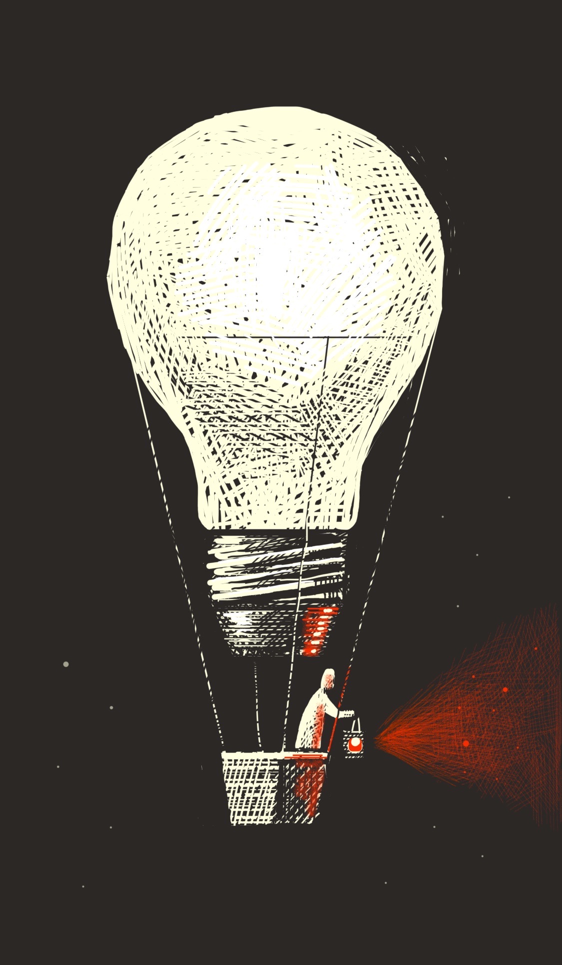 A person in a hot-air balloon that's a lightbulb. The person is shining a red lantern into the darkness.