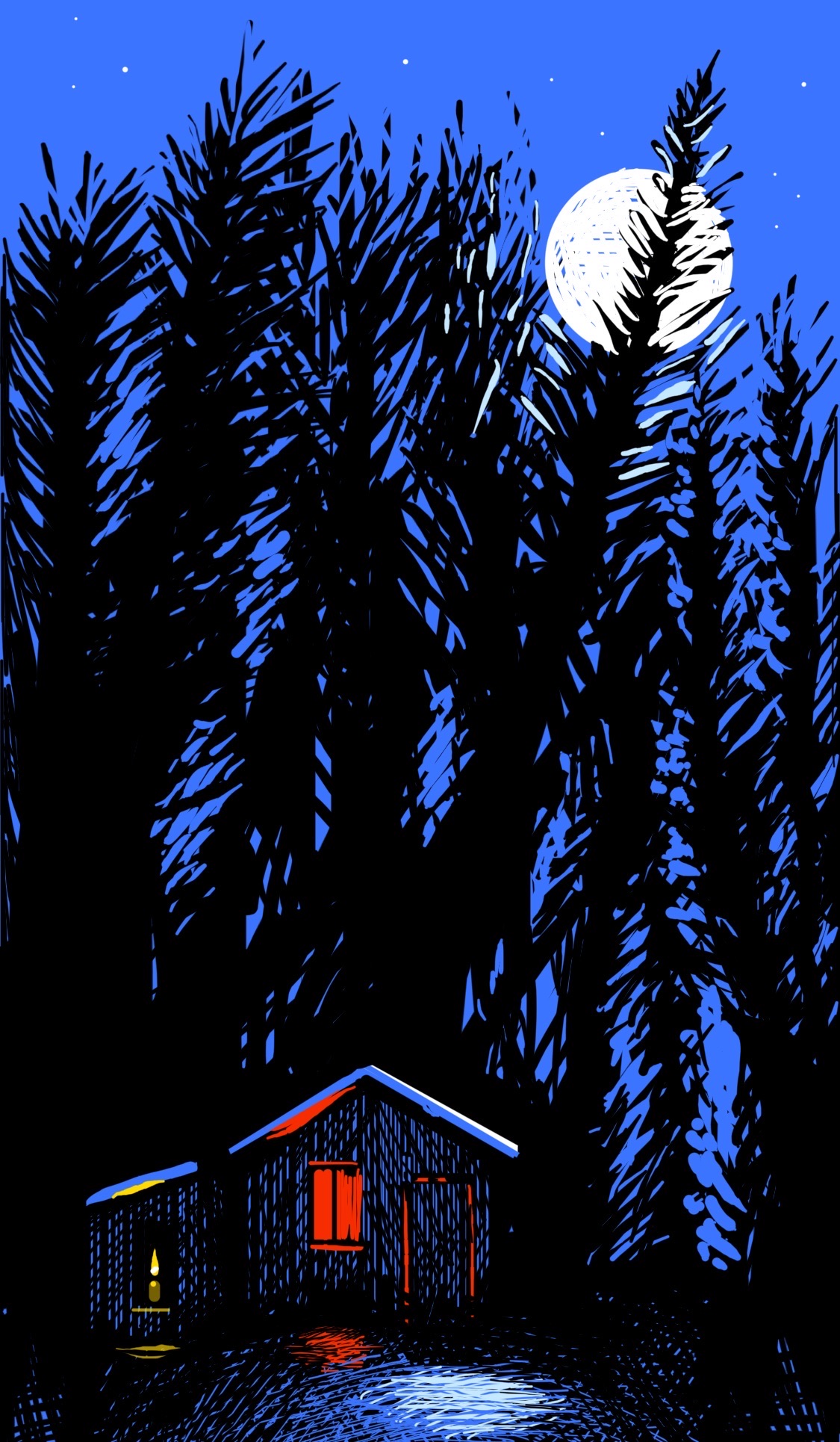 A tiny cabin nestled in the vast black woods at night, illuminated by a full moon.