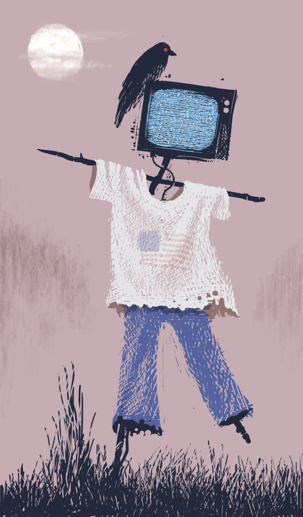 A scarecrow with a television for a head, and a tattered shirt bearing an American flag stands in a meadow. A crow is perched on the TV, which is set to a dead station.
