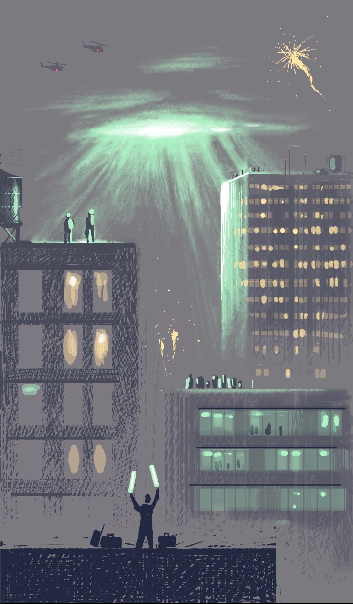 An unearthly glow hovers over a city celebrating New Year's Eve. On one building, a small figure standing next to some baggage signals what may be a descending spacecraft.