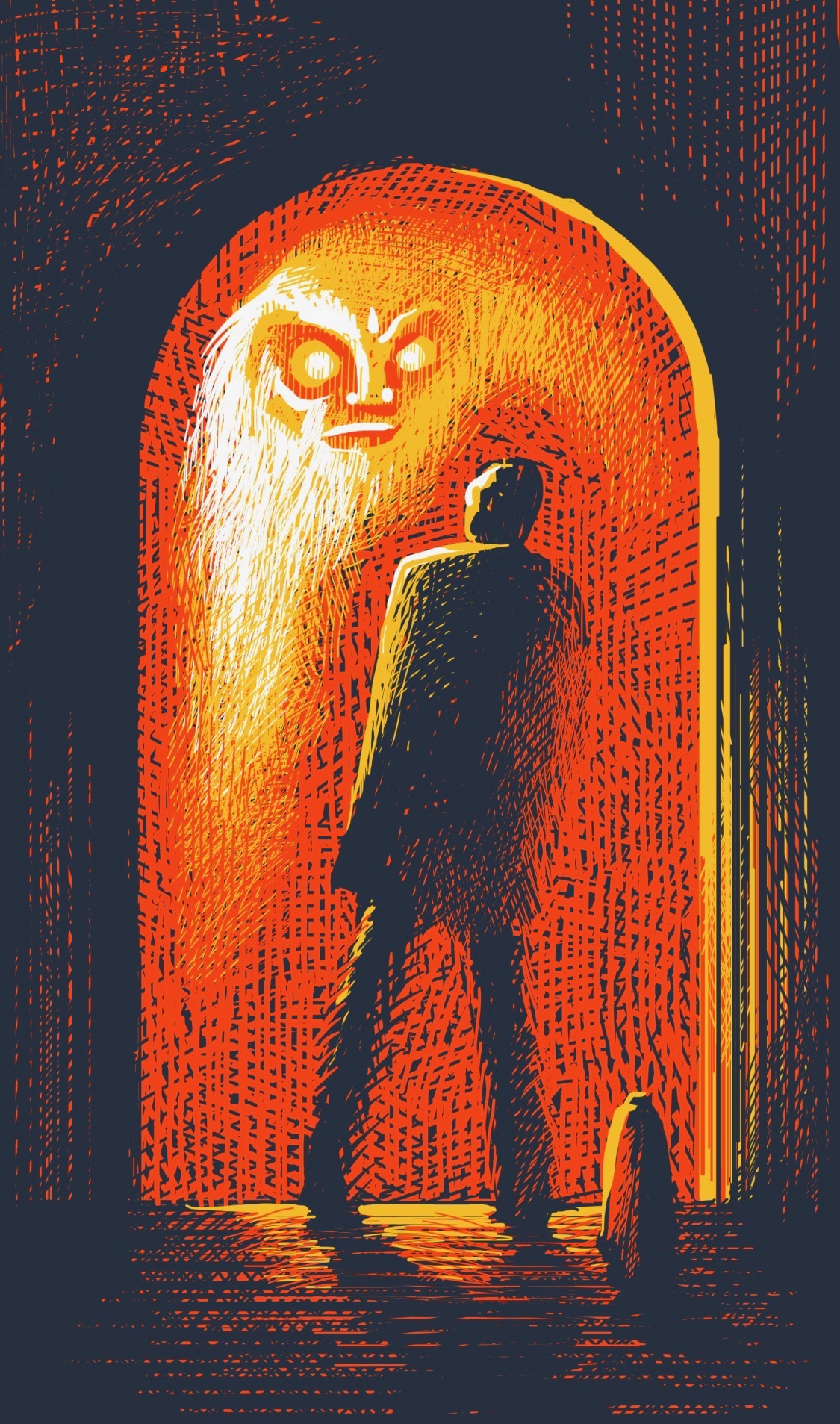 A person stands in a doorway, beyond which is a fiery red world with a glaring glowing face looking back
