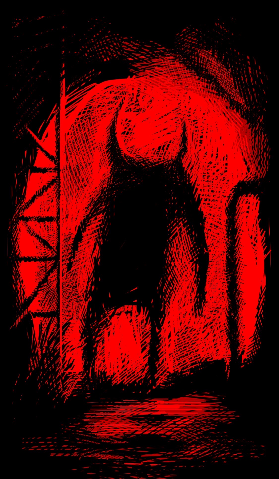 A horned creature stands framed in a large red cave entrance