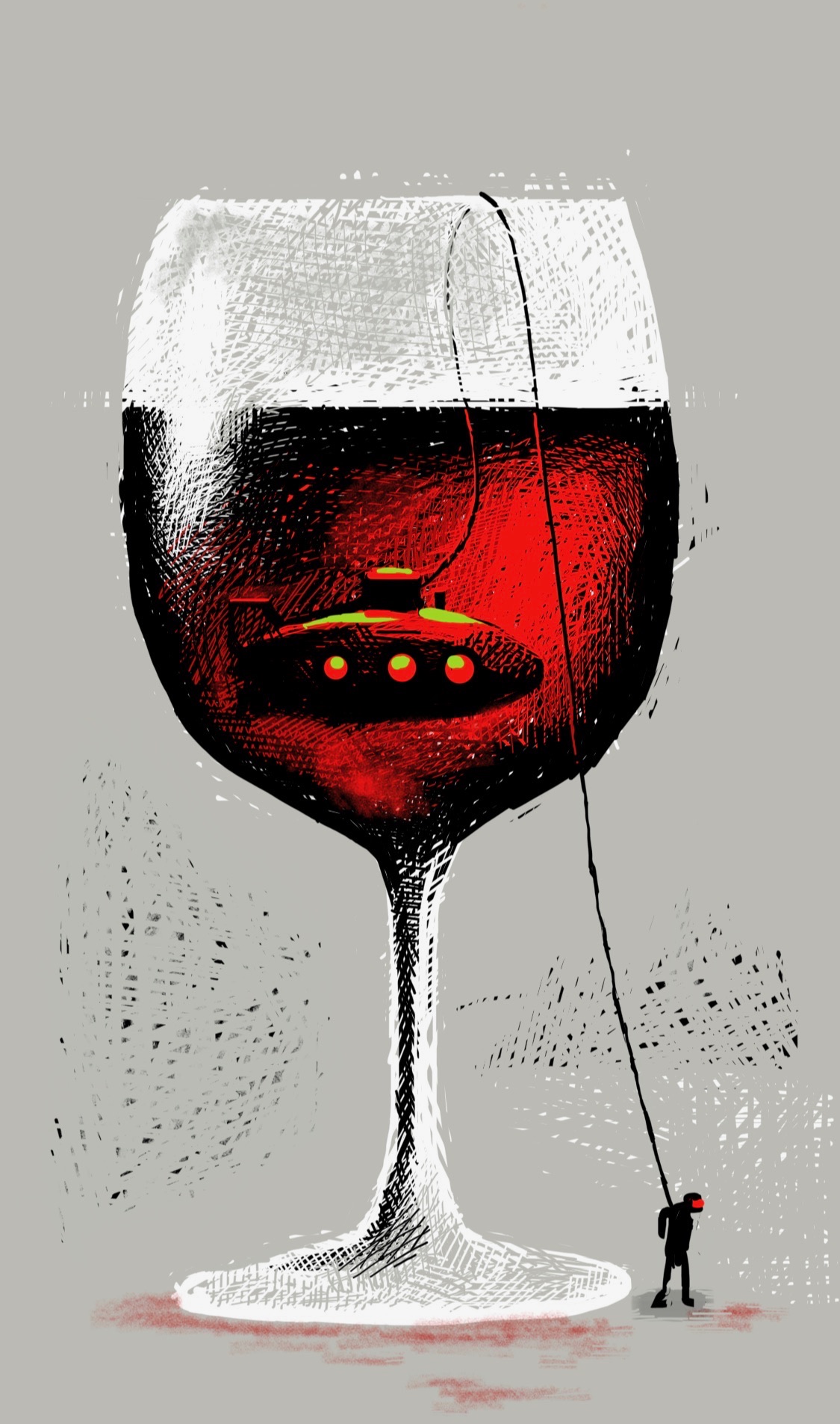 A submarine in a wine glass. An explorer is tethered to the submarine and walking on the ground outside the glass.