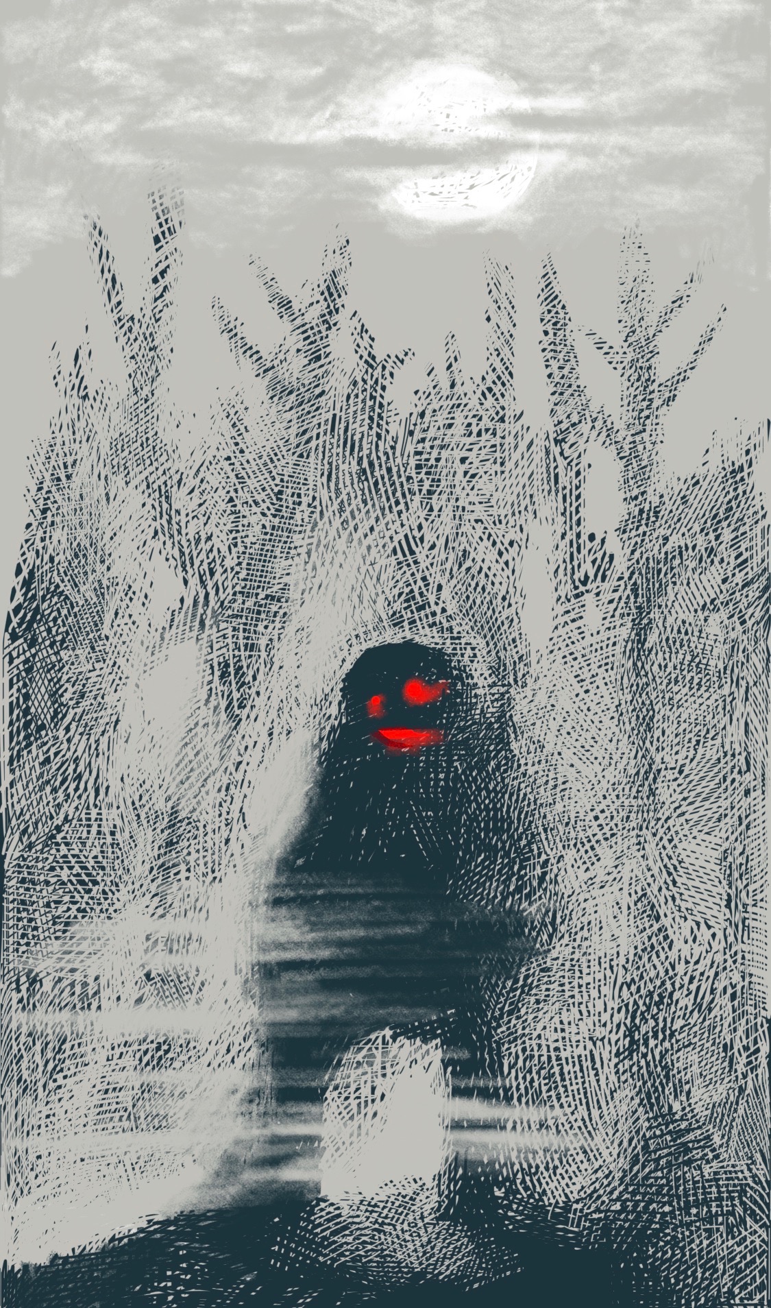 A troll emerges from a foggy wood.