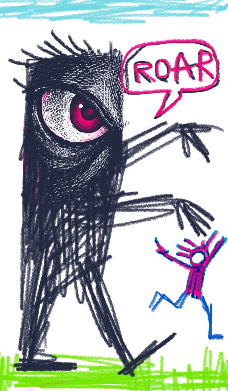 A drawing that looks like a child did it in crayon, depicting a crude monster chasing a person. The monster has one ornately rendered eye, drawn in an entirely different style. The eye looks much more proficiently rendered than the rest of the creature.