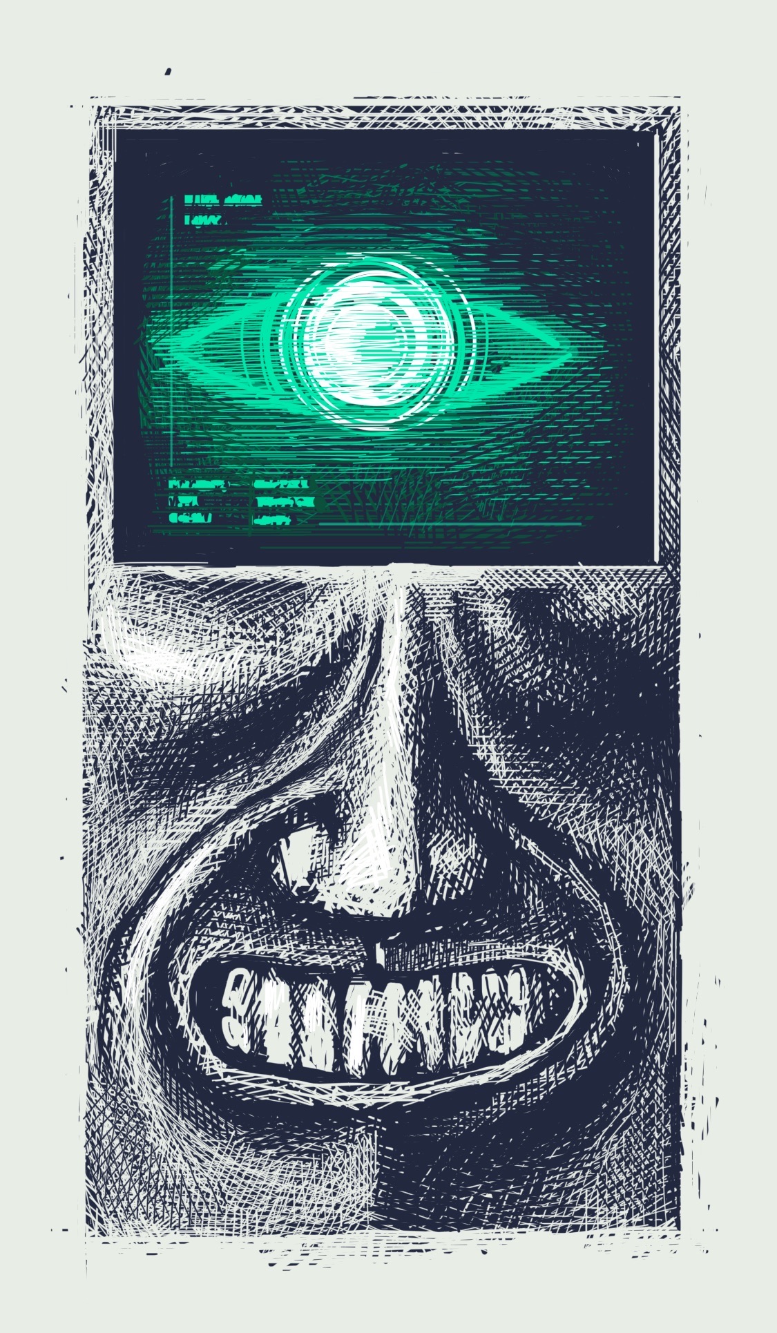 A grinning face where the eye is a green cathode ray tube with an eye and computer text