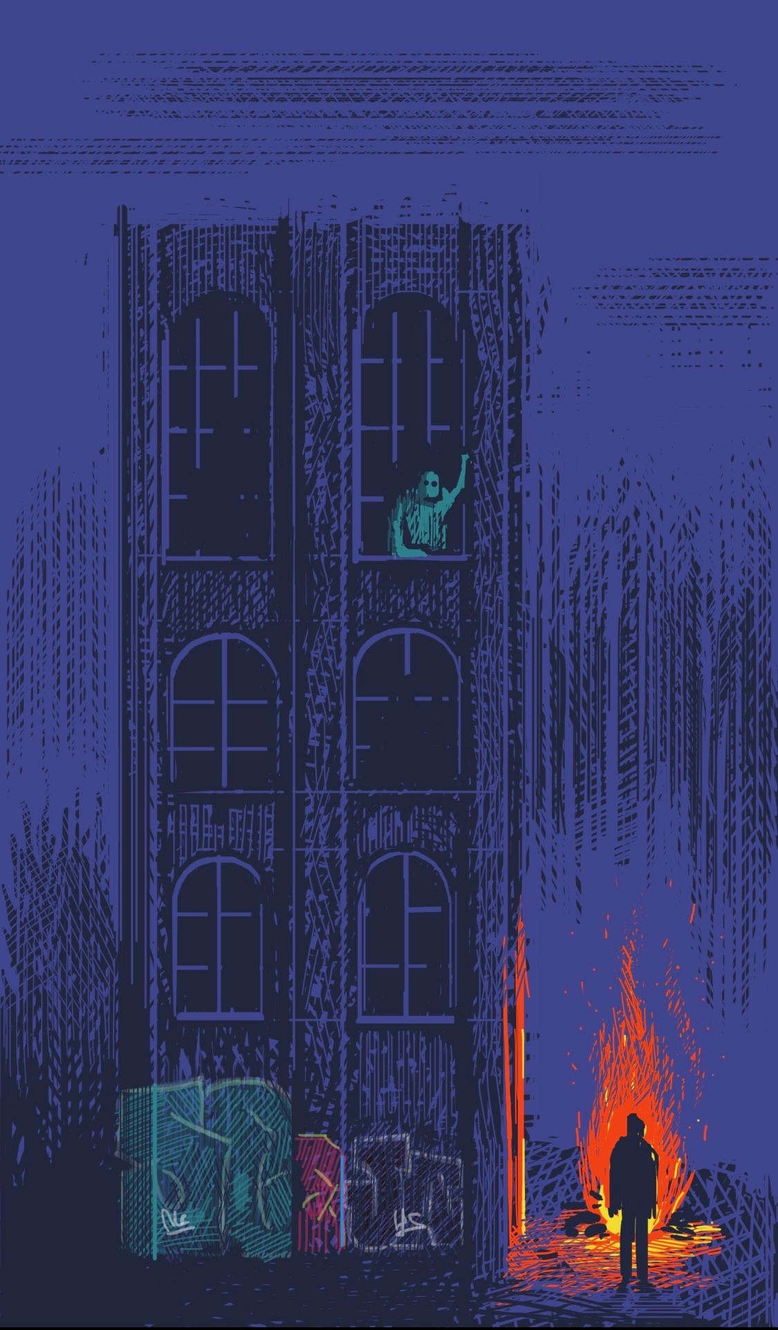 An elegant, crumbling building stands in the middle of a forest. Someone stands next to it, in front of a bonfire. Someone else looks down on them from a window above.