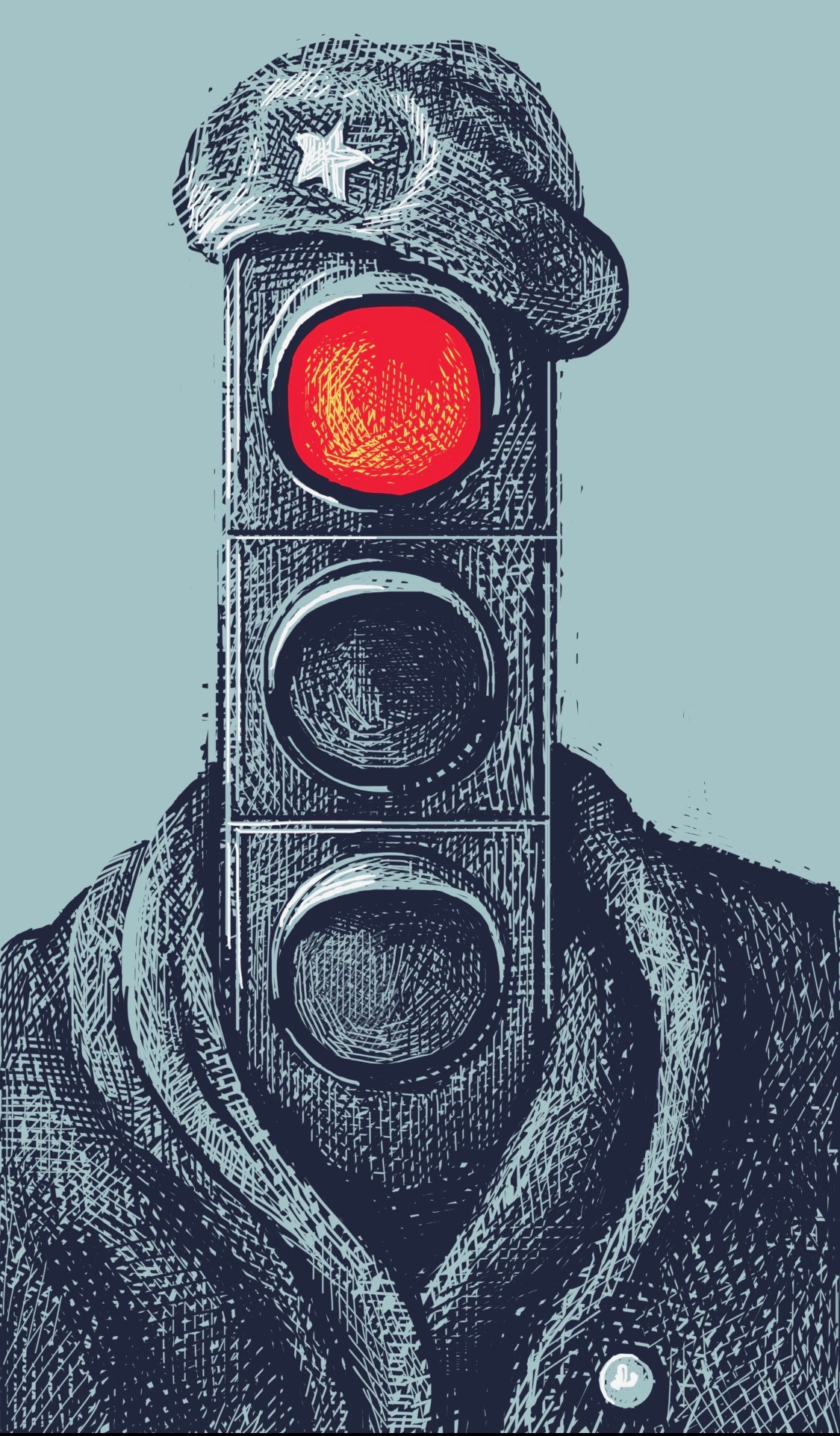 A traffic signal wearing a heavy winter coat and one of those furry hats that Russian soldiers wear in films about Siberia