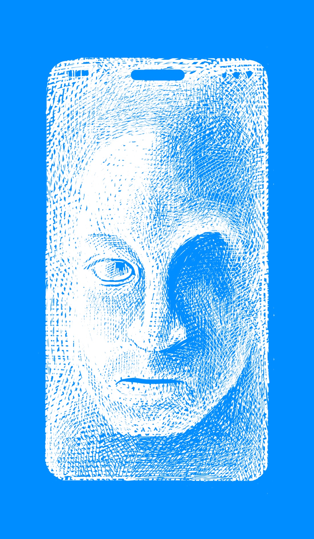 An eerie face peers from the blue display of a smartphone. Be careful who you click on.