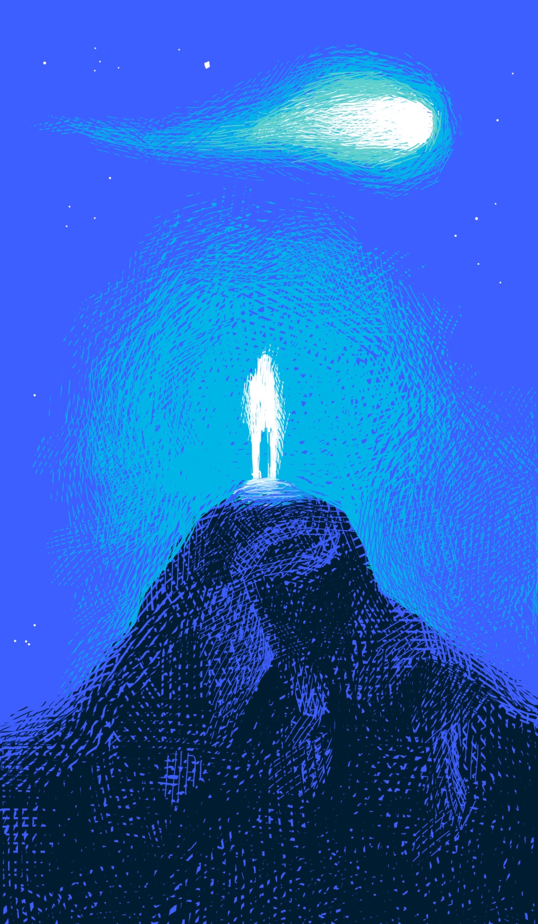 A glowing figure stands on a mountaintop while a glowing, cometlike orb passes above