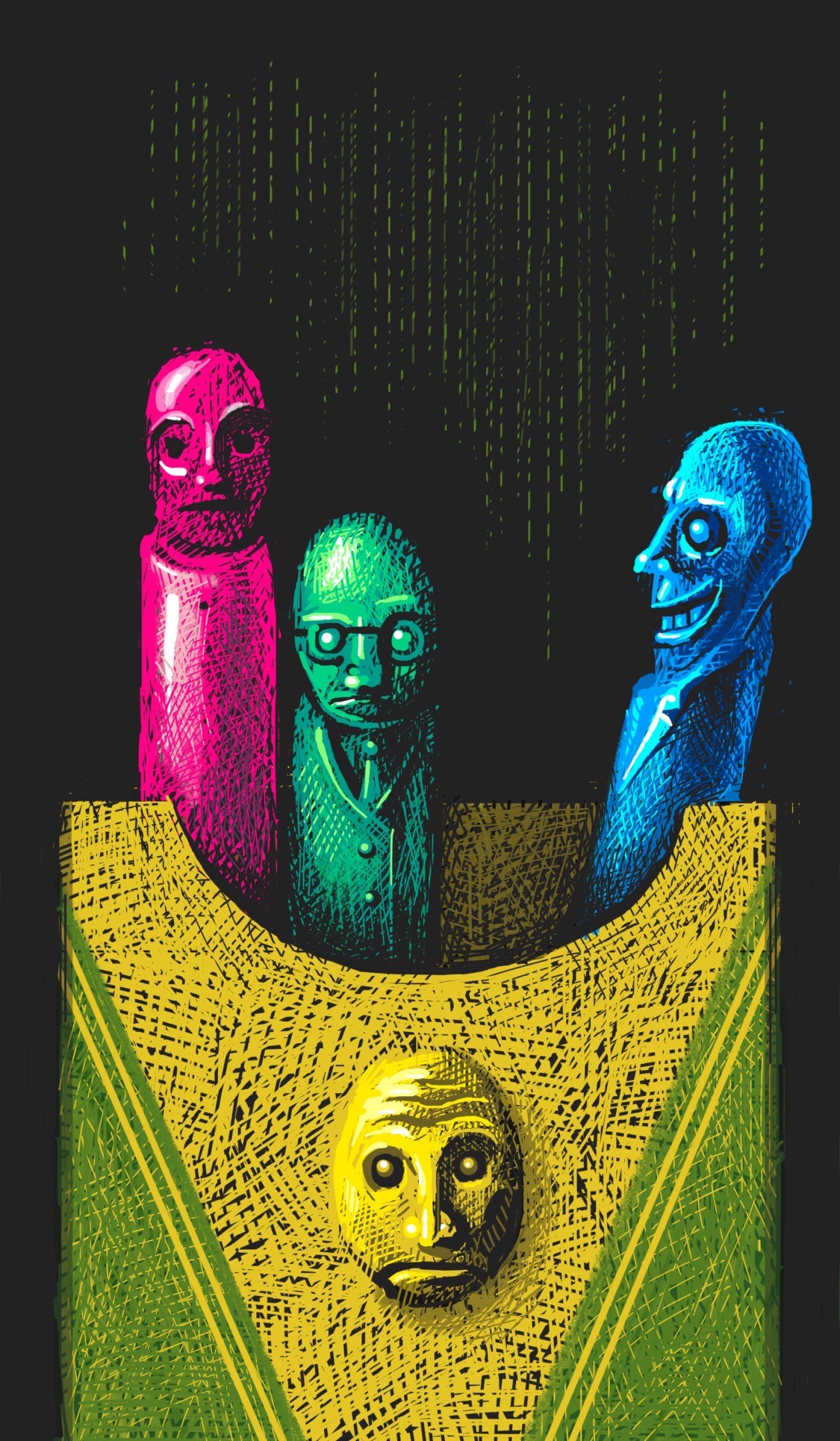 A box of anthropomorphized crayons, where one of them looks kind of creepy and the other two are not having it at ALL