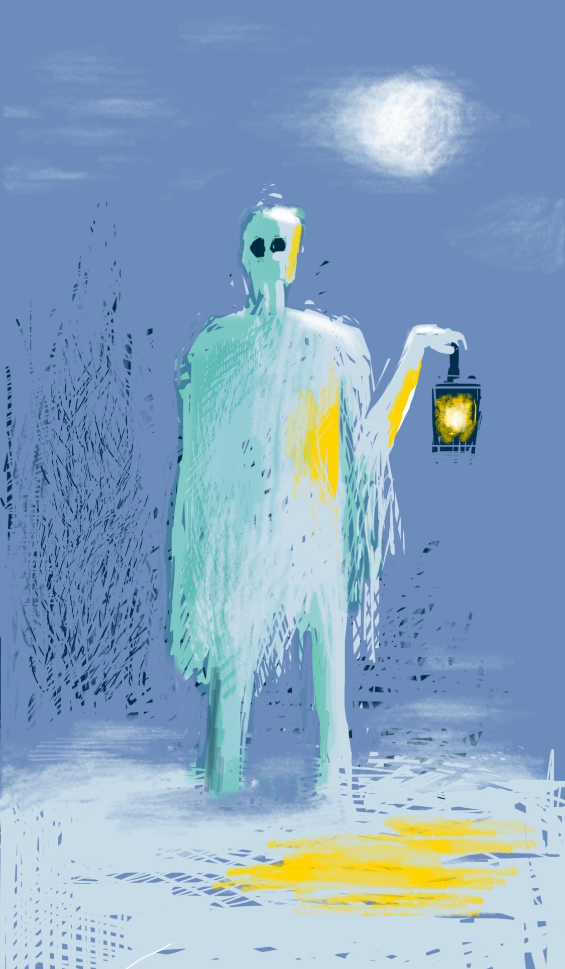 An eerie figure walking through the snow at night, holding a lantern