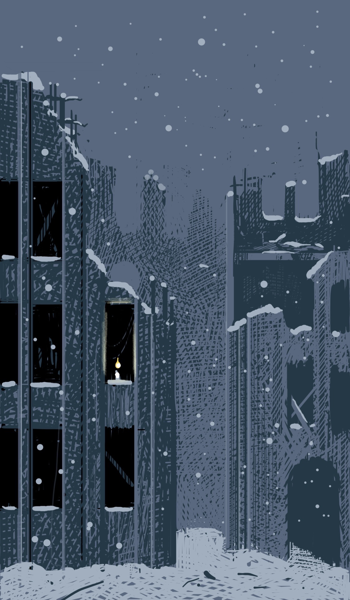 A photo of a destroyed city: ruined, snow-covered shells of buildings. A single candle burns in one window.