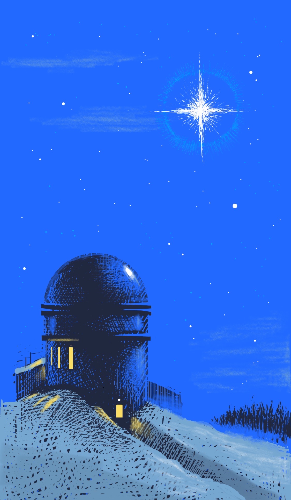 An observatory on a snow-covered hill, with an unusually bright star gleaming in the sky (which is most likely a supernova and not a celestial omen if we're being coldly practical here)