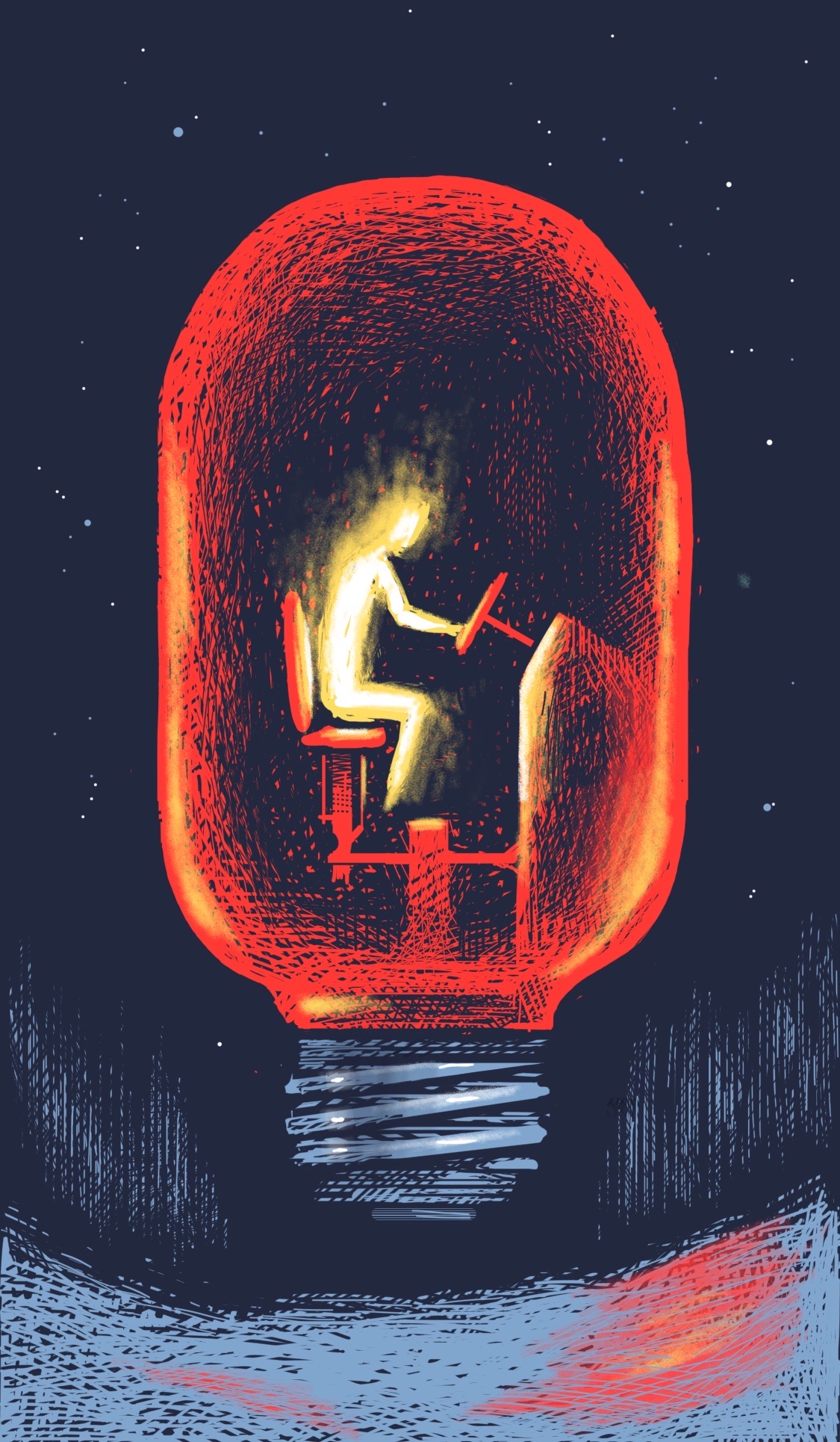 A flaming person pilots a glowing red lightbulb across a snowscape at night