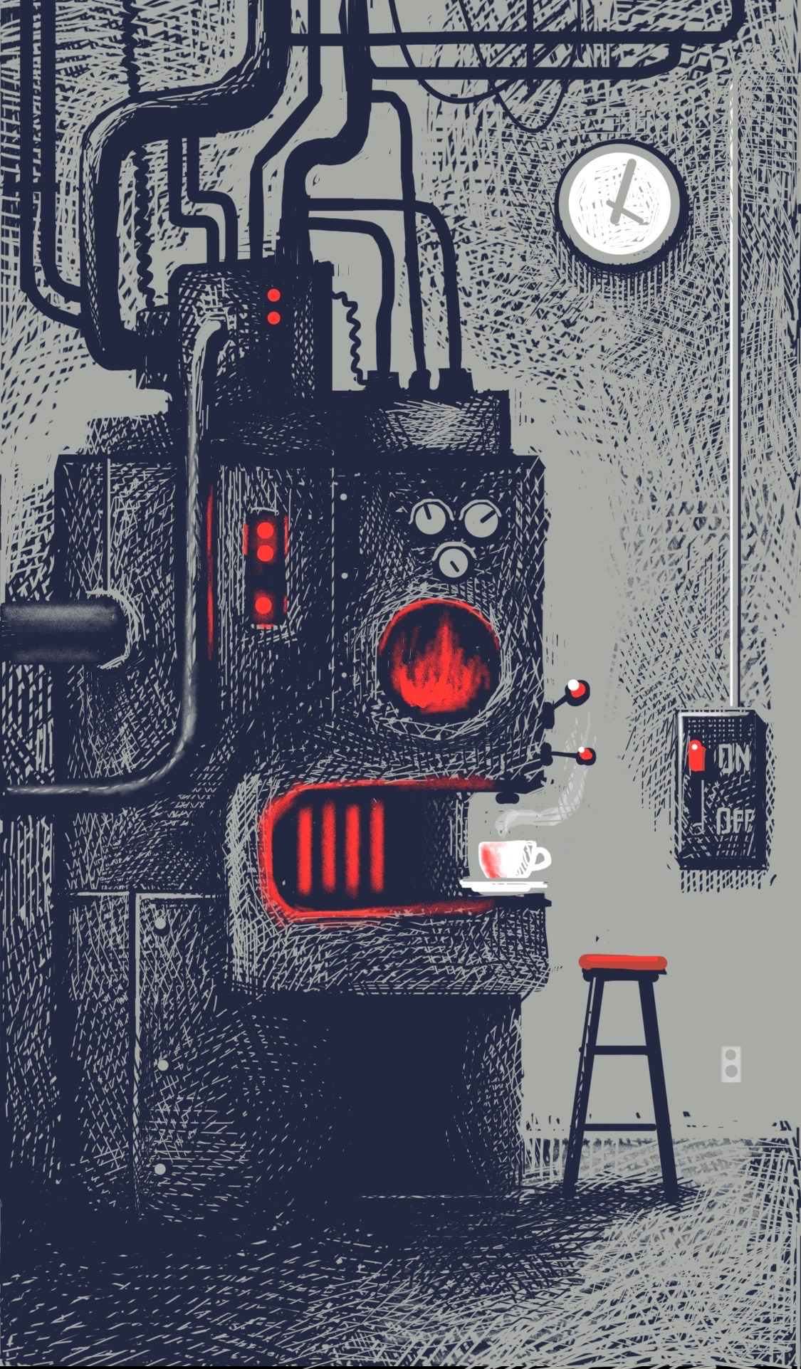 A giant furnace-like espresso machine dominates a tiny room, a cup of coffee balanced on one of its edges