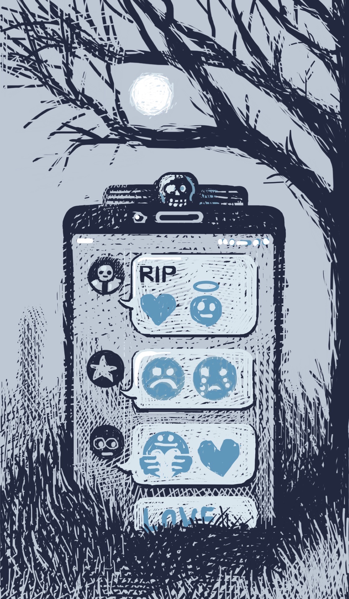 A tombstone in a cemetery that's also a phone displaying a chat app, with emoji of condolence on the app. A tree hangs over the tomb-phone