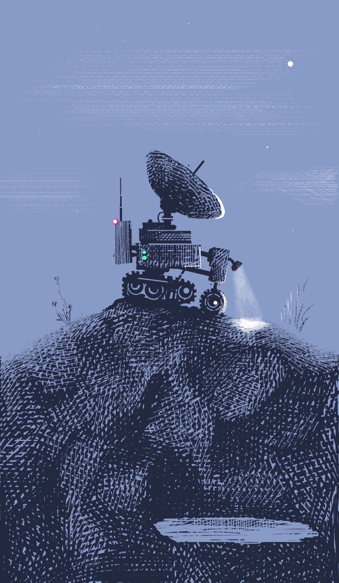 A small robot with a communications dish and a headlight drives across a mountain in the early evening.