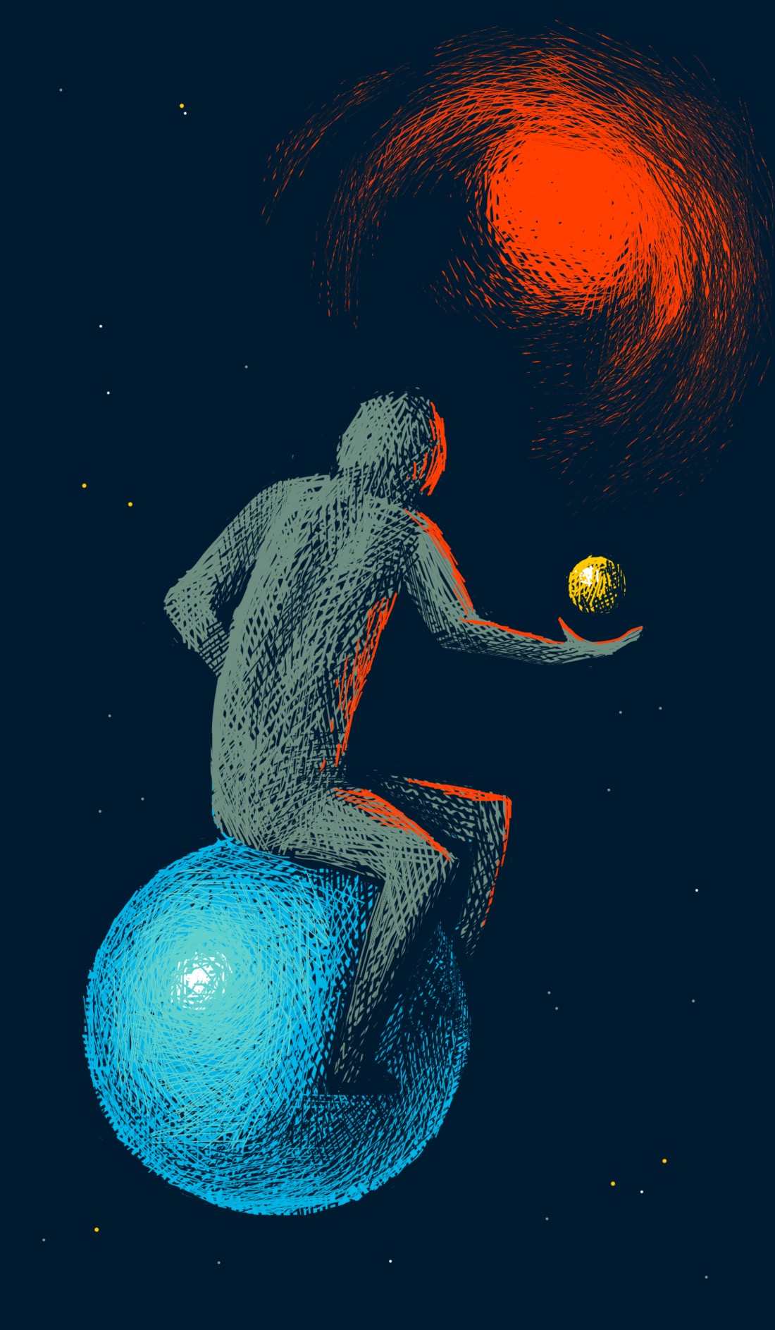 A figure sits on a blue sphere suspended in starry space, staring at a glowing red cloud a ways off. The figure holds a floating yellow ball, as though about to toss it into the cloud.