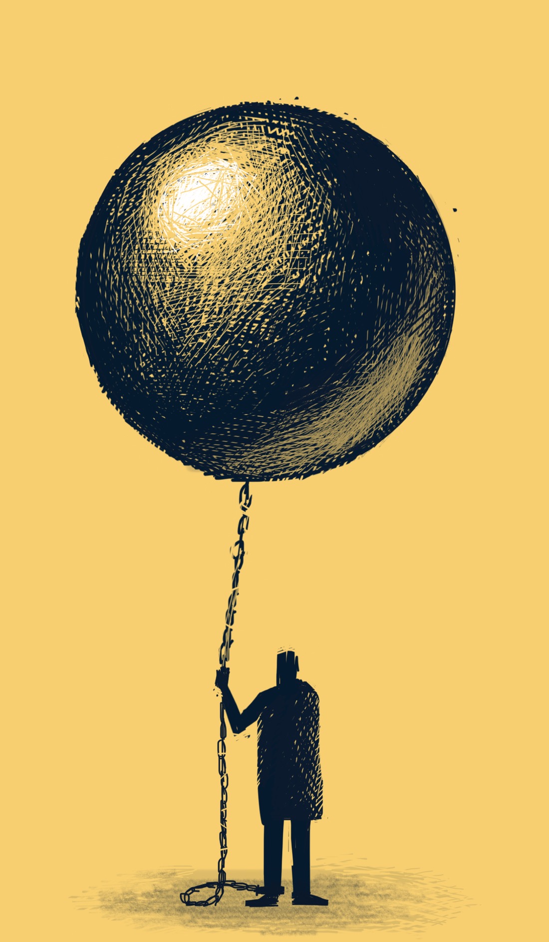A person stands attached to a ball and chain, but the ball is enormous and hovers over the person's head like a giant balloon, the person holding it by the chain.