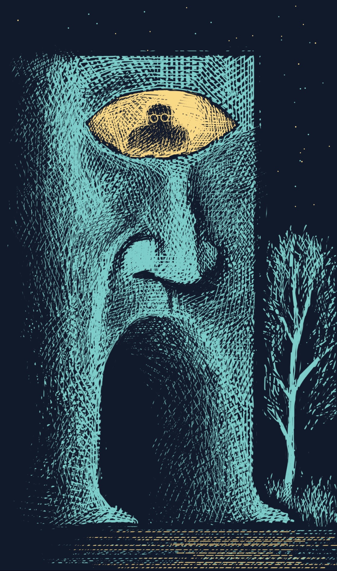 A large face with one eye and a mouth like the opening of a tunnel, framed by two legs. The eye appears to be a window, with a person looking out of it. It's night.