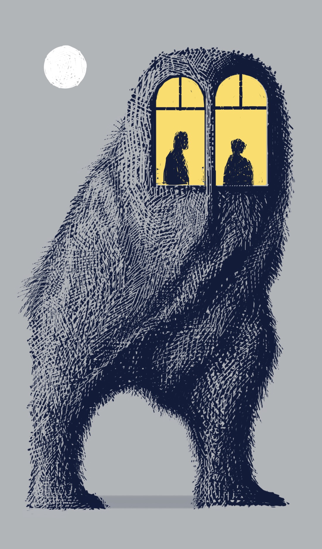 A large furry creature with two large, yellow-lit windows for eyes. Two people stand in the windows; a full moon is above.
