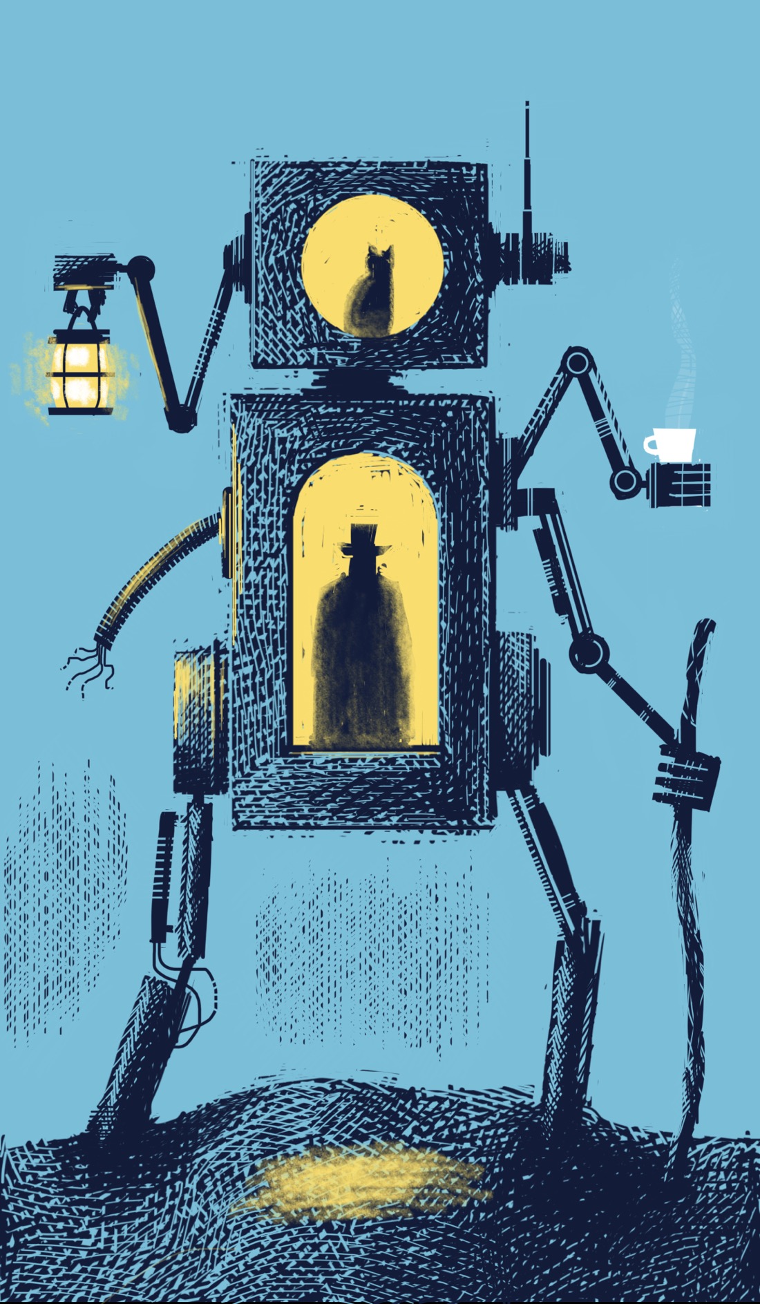 A robotic humanoid contraption comprised of a boxy head, with a round window where the face would be, and a boxy torso with a tall window in the middle. A cat sits in the top window; a person with a top hat is silhouetted in the lower one. The robot has multiple arms, one of which holds a lantern and another of which holds a coffee cup and hiking stick.