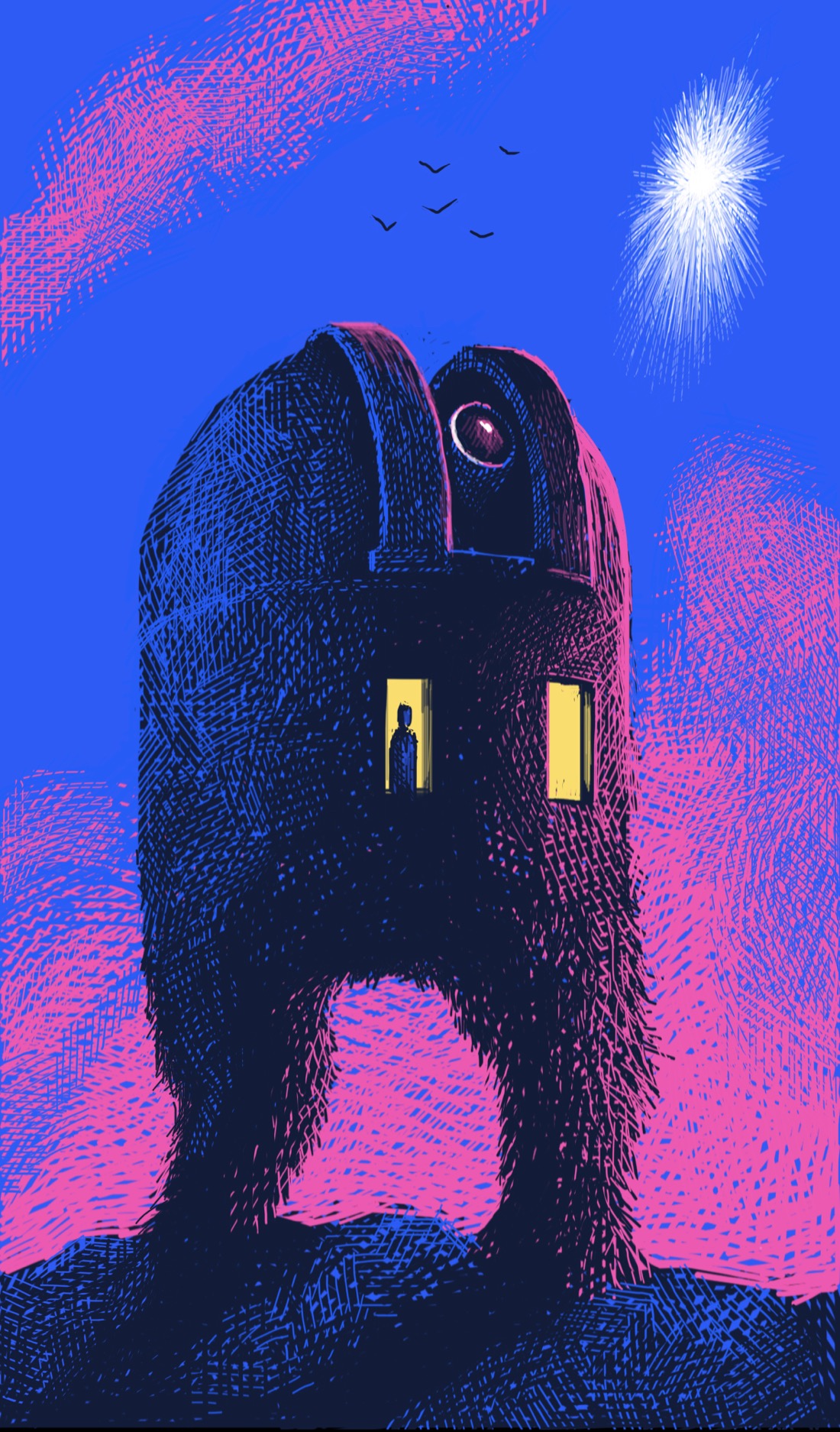 A giant observatory with two furry legs stands astride a rocky landscape at either dawn or dusk. The horizon is crimson, with pink clouds. The observatory's dome doors are open, telescope fixed on a blazing white object in the sky.