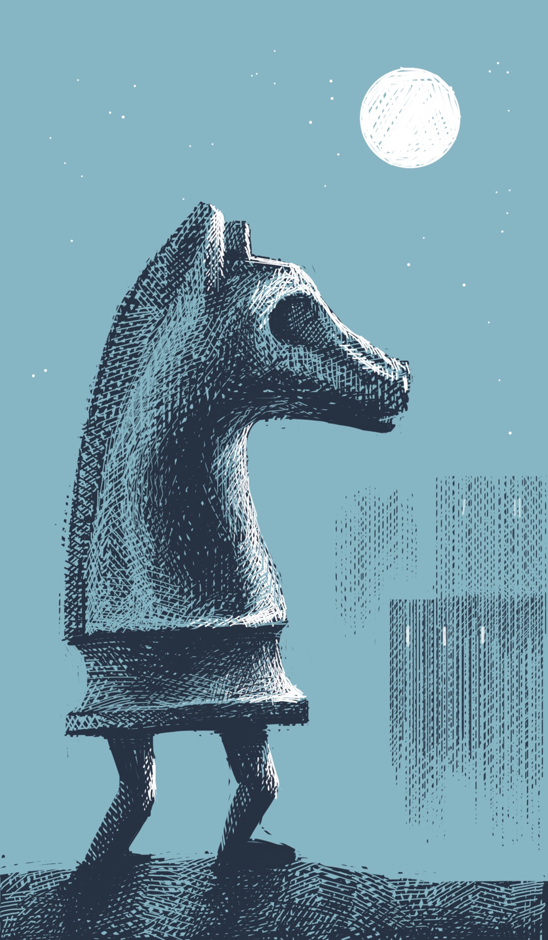 A large chess knight with legs walks along the ground under a full moon, a fortress dimly visible in the distance