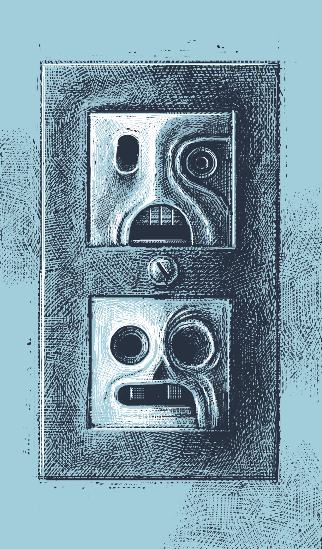 An electrical outlet where the two receptacles look like little demon faces