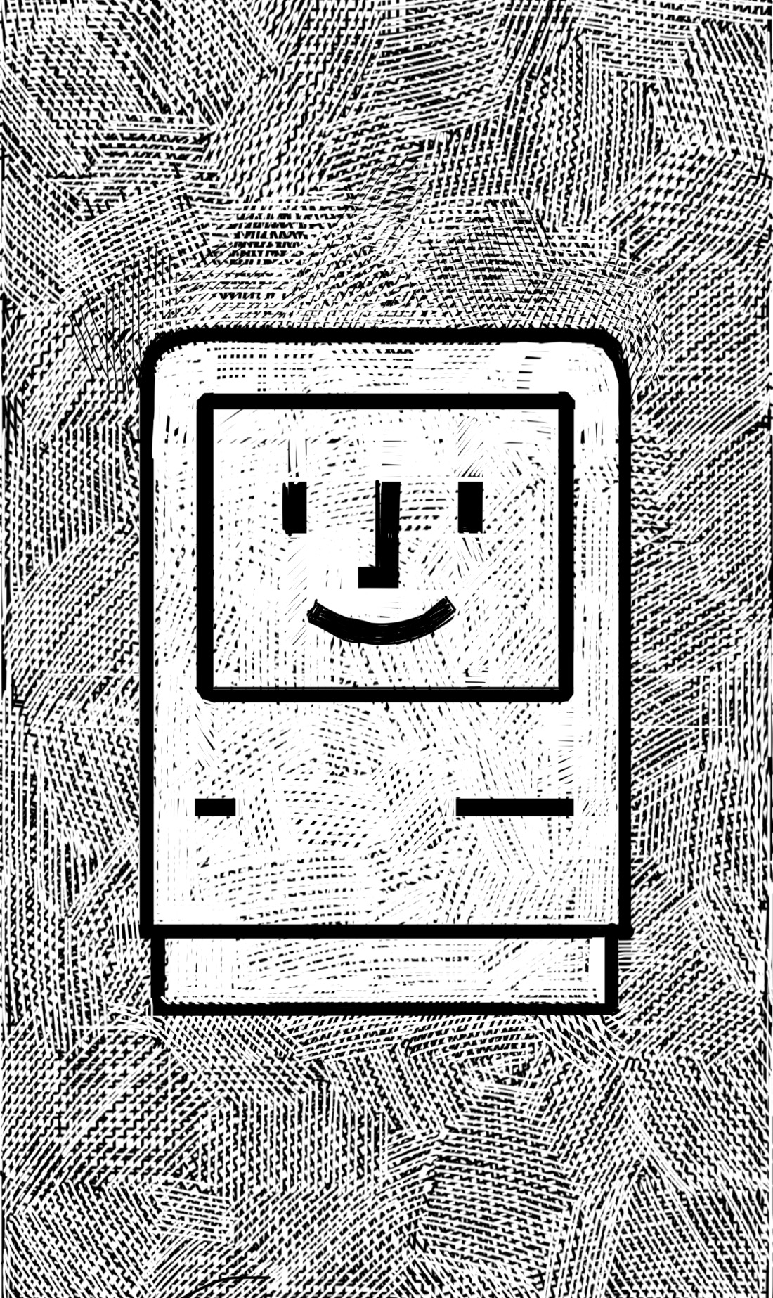 A black and white sketch of the immortal Happy Mac icon: a simple line drawing of a 1980s-era all-in-one Mac, with a happy face displayed on its screen.