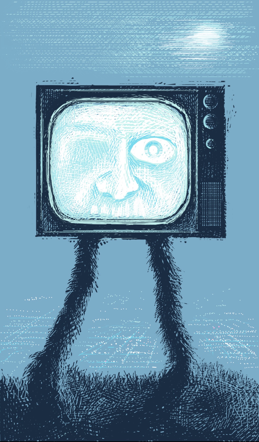 An old-style, monochrome television—you know, the kind with knobs and a cathode ray tube—stands on furry, spindly legs. It is standing on a grassy hill at night: behind it is the suggestion of a city seen from a great height, the streets defined by lights. There's a moon partially hidden behind fog. It is, altogether, a distinctly eerie scene; one made all the more unsettling by the fact that the television screen is on and glowing, displaying a monstrous staring face.