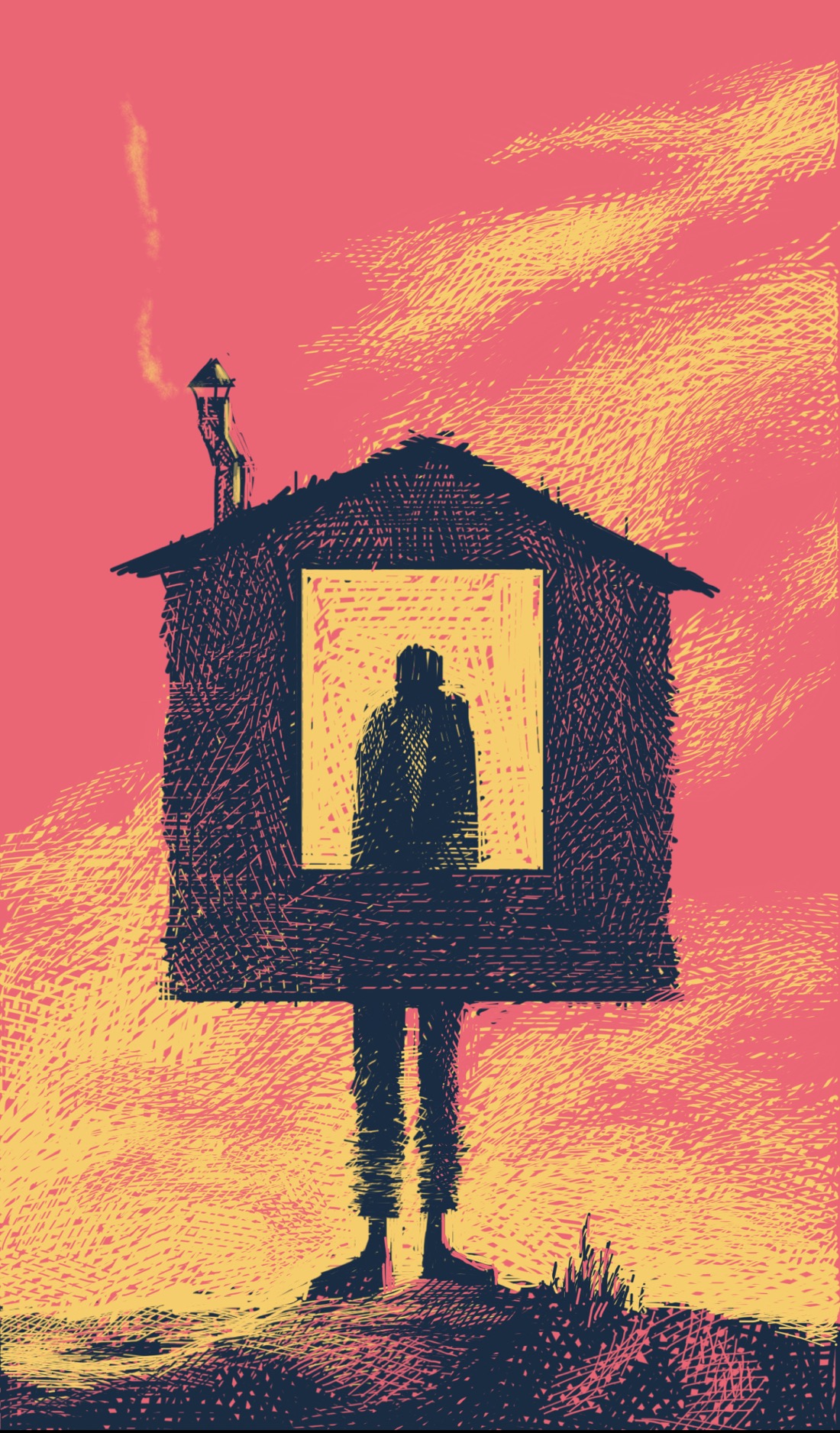 A scene in dawn light, with light yellow clouds on a pink sky. A person looks out of the windows of a small cabin with long spindly legs; the effect suggests that maybe it's the person who has long spindly legs, wearing the cabin as though it's a coat or sandwich board.