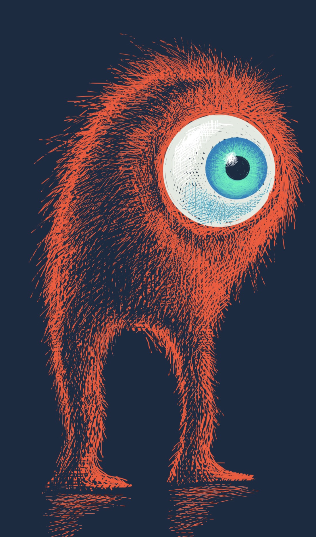 A bright red-orange furry creature with a single prominent blue-green eye stands on a dark reflective surface, in a dark place, looking right.