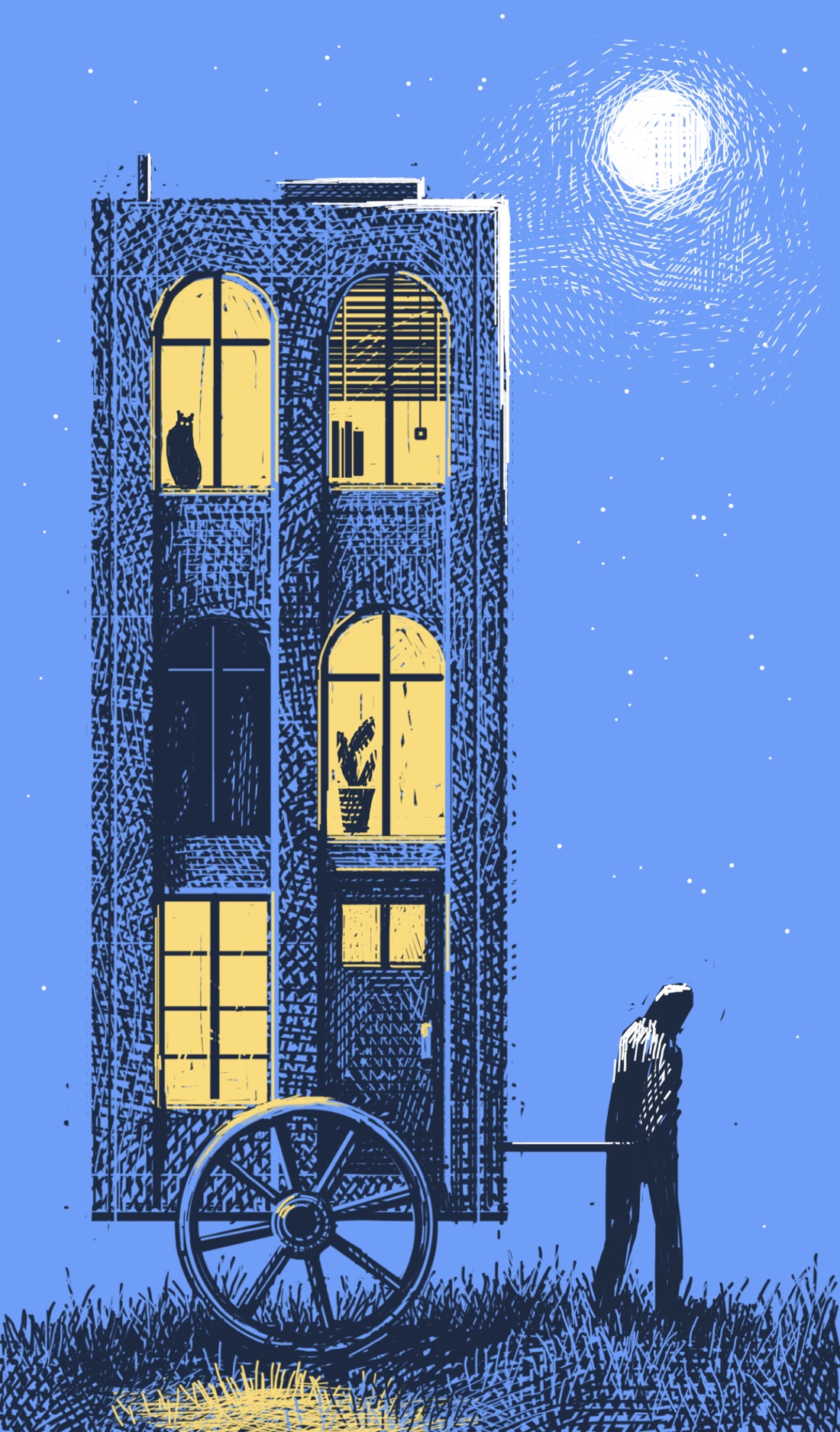 A lone figure walks on a moonlit night, pulling a small tenement building seemingly placed in a two-wheeled cart. Most of the windows in the building are lit. A cat is visible in one; a plant is in the other.
