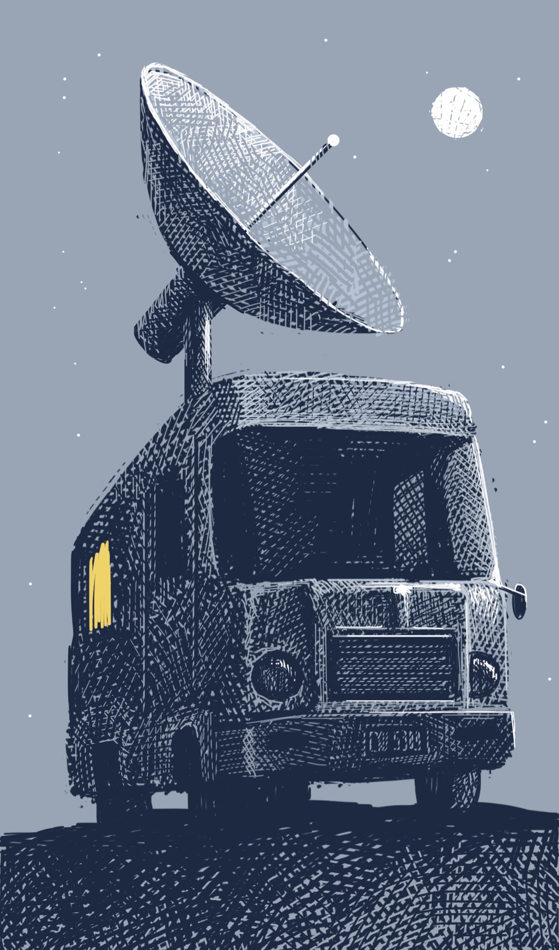 A night scene, with a starry sky. A van, seen from the front, sits in an open area, not moving, lights out. On top of the van is a giant satellite dish, pointed skyward towards a full moon. No one is visible in the van, but there is a lit window at the rear of the van, suggesting someone is home and maybe controlling the dish.