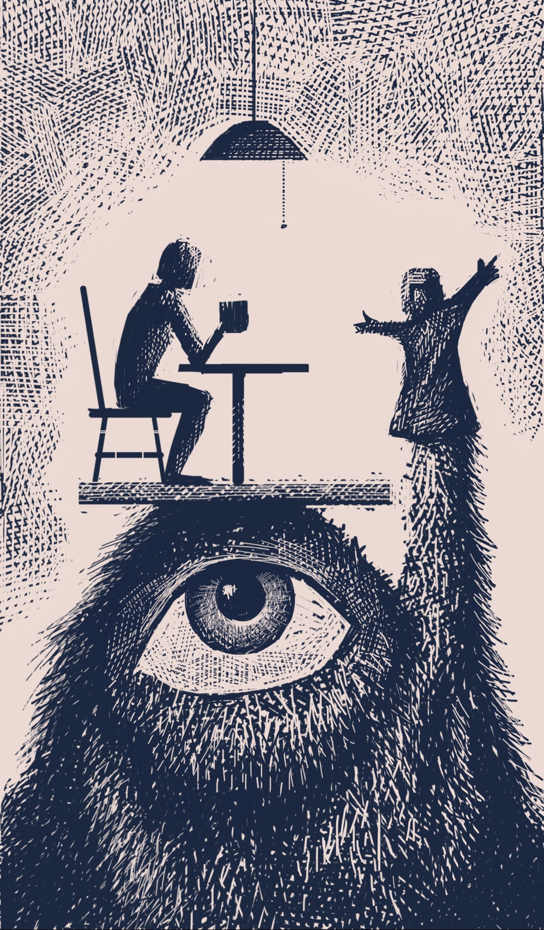A giant furry creature with one eye. On top of the creature's head is balanced a platform, on which sits a cafe table and chair. A person sits at the table, holding a mug. Across the table from the person is a puppet, which the furry creature is holding up from below. Above the person hangs a light. There are shadows, suggesting a somewhat darkened room.