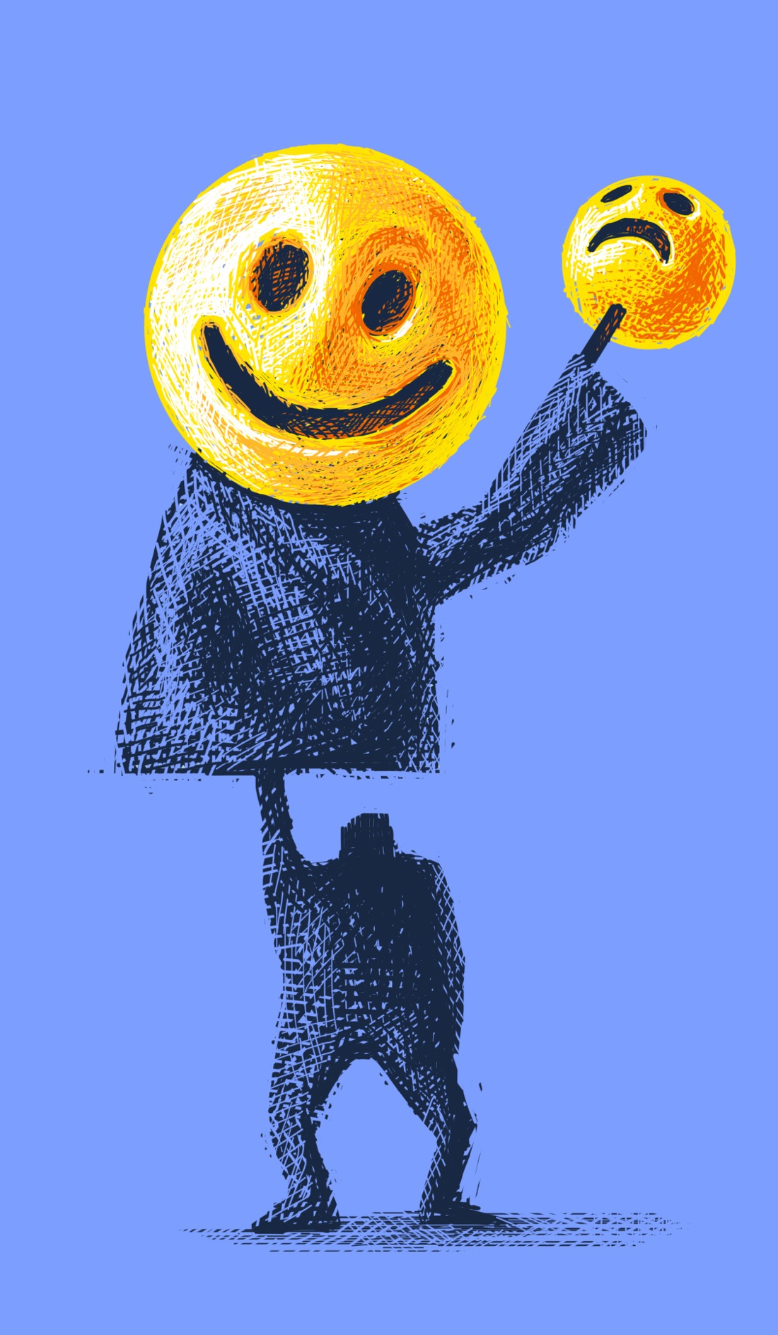 A figure holds up, over its head, a giant puppet that looks like a smiley-face emoji. The puppet is huge, about twice the size of the figure. The puppet has its own smaller puppet (or, perhaps, meta-puppet?) which looks like a frowny-face emoji.