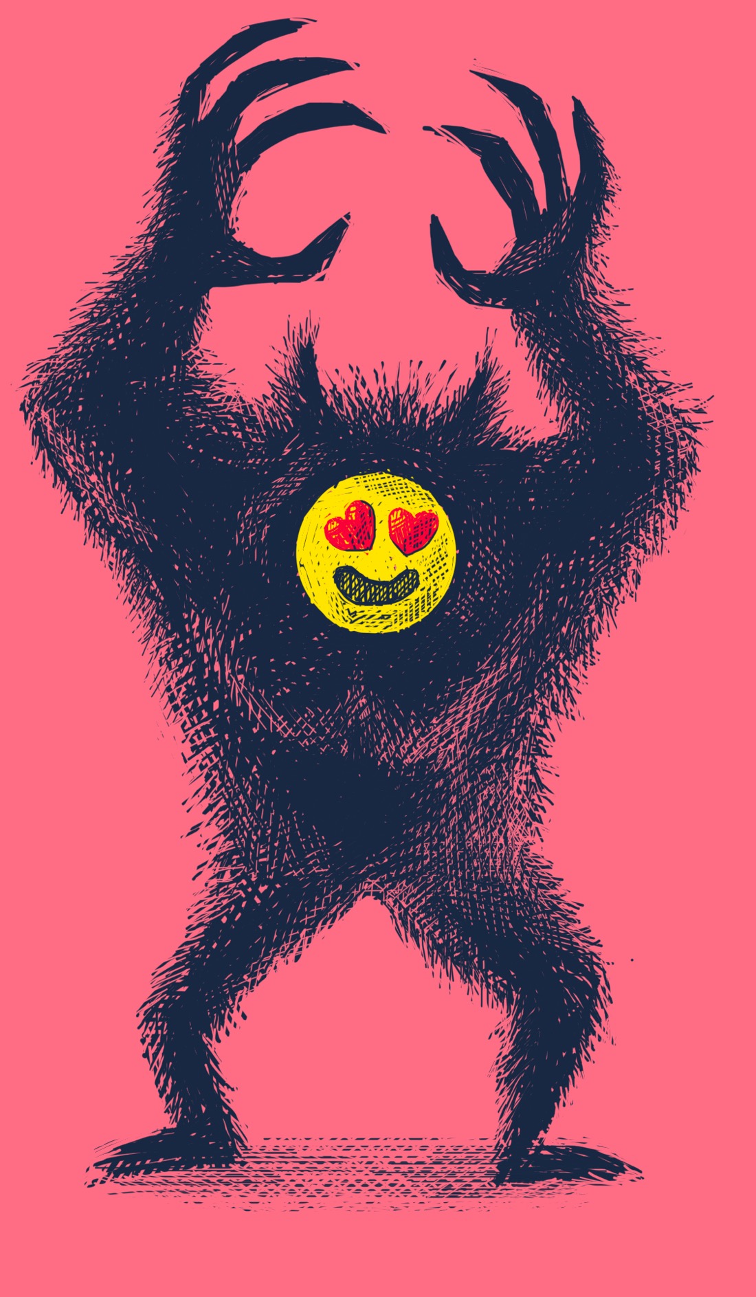 A giant werewolf-like monster stands in two legs, raising its arms over its head. Its hands are huge and clawed. In place of a face is a smiling emoji with eyes for hearts.
