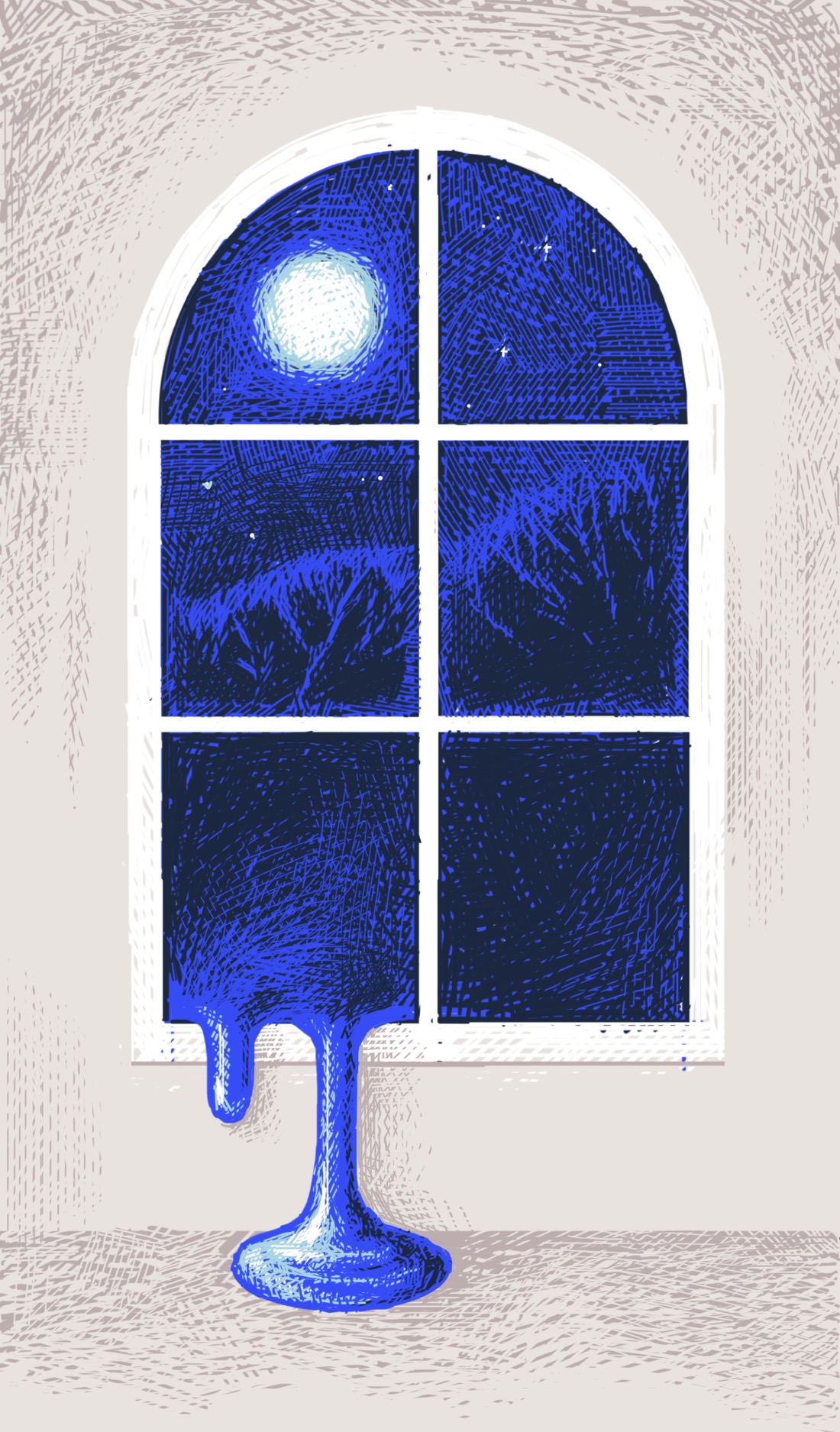 A well-lit room with a window, showing a dark night outside with a full moon and stars. But it looks like the night is leaking through the window into the room; dripping down the wall in a thick, rolling stream like paint.