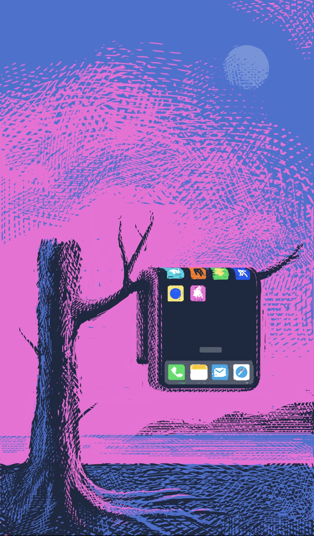 A stump of a tree stands near a flat, grassless riverbank. The stump has a branch that sticks far out. Draped over it is an iPhone, the screen displaying colored icons. The iPhone is draped like a towel, bent over the branch as though it's made of rubber. The sky looks like either dawn or dusk: pink clouds, and the ghost of a moon high up in the sky.