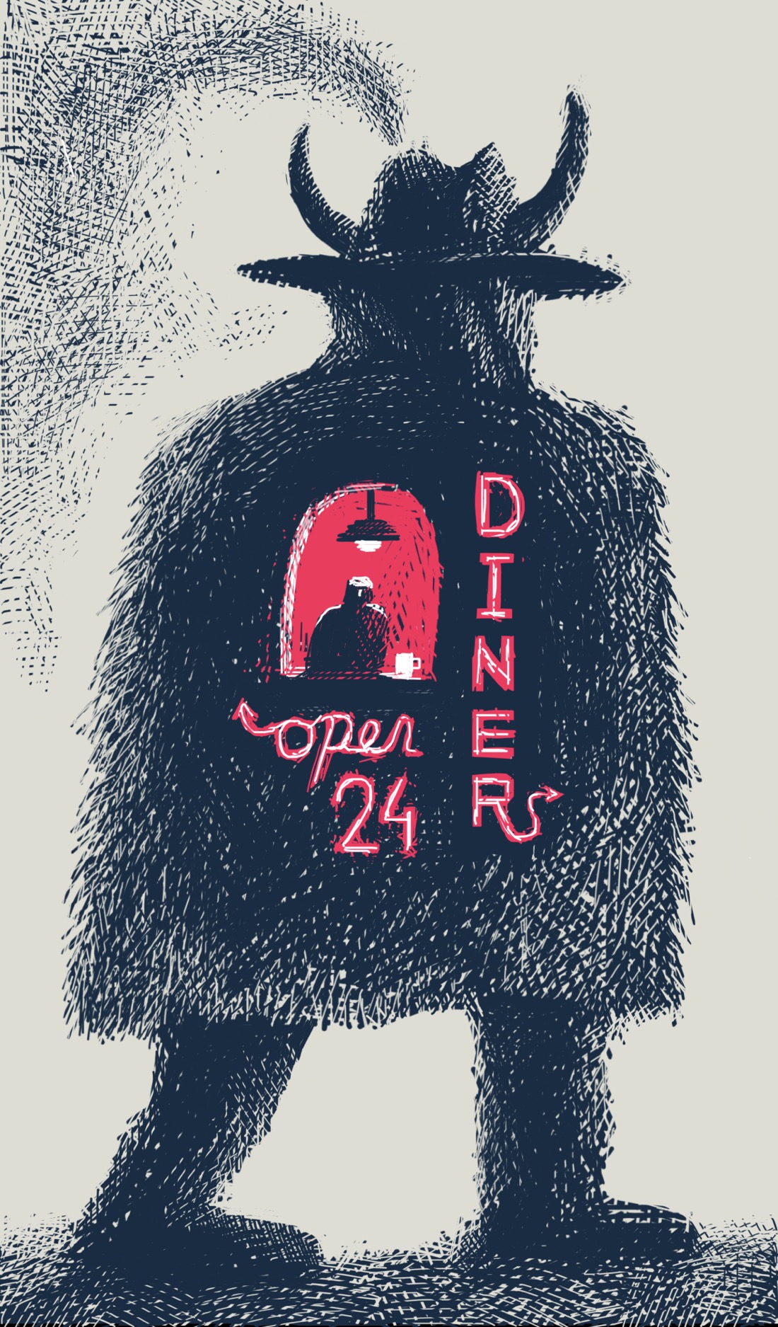 A tall horned devil-figure, seen from the back. The figure is wearing a hat and a large, furry coat. Smoke is coming from the hat. In the back of the figure is a red window in which sits a person with a coffee mug. Also on the back of the figure are crimson neon signs that say "Diner open 24"