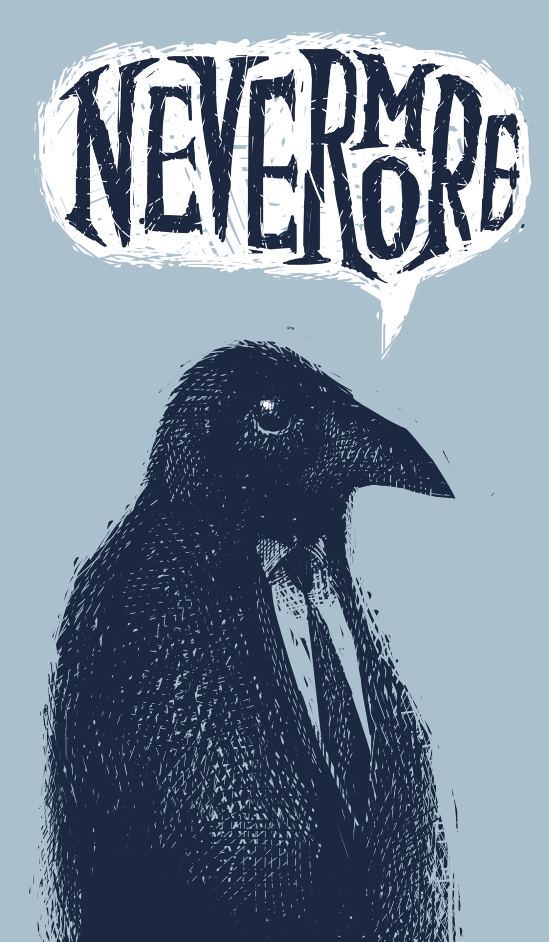 A very dapper raven wearing a suit and tie, with a speech balloon above its head containing the word "Nevermore" in spooky lettering