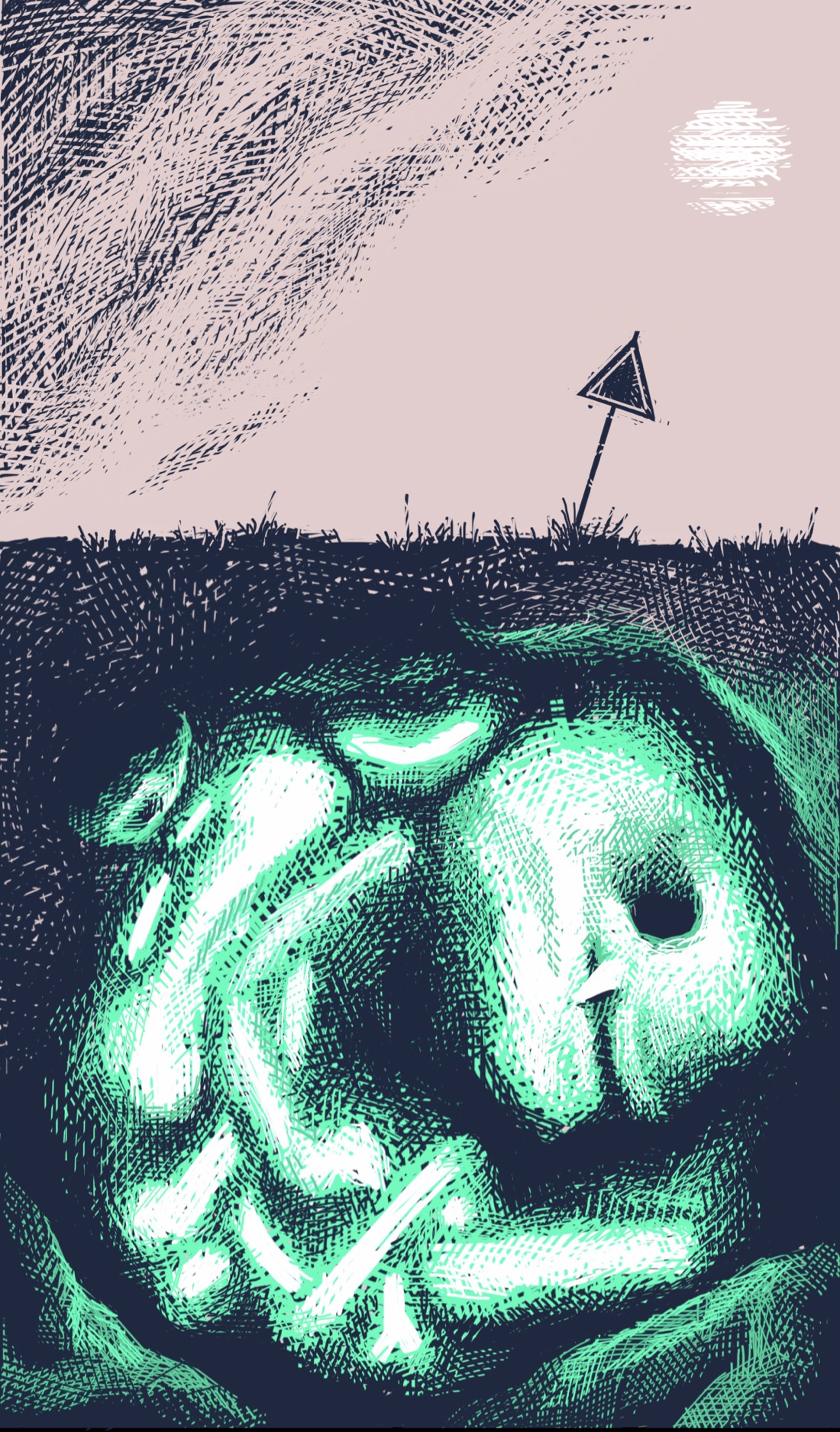 A collection of huge, glowing bones lies under the ground in a rocky cavern, as though a radioactive dinosaur has died there. The ground above the bones is barren and flat; the sky is overcast. A ghost of a sun shows through. Planted in the ground right above the bones in a small, triangular warning sign. There's nothing visible on the sign, but the shape suggests it is warning about those glowing bones under the ground.