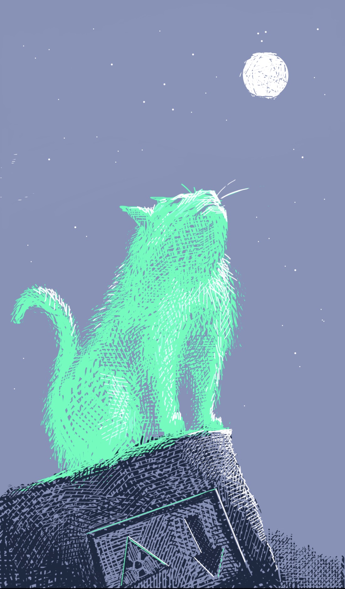 A phosphorescent-green cat sits on a rocky promontory under a clear starry night, face turned towards the sky. The object the cat is sitting on has a metal plate with a symbol indicating a radioactive hazard, and an arrow pointing down.